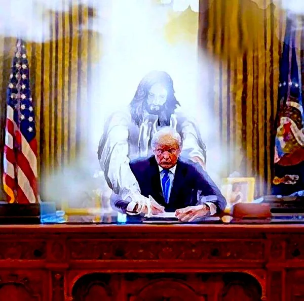 ```
1) Rich description: The image is an illustration featuring Donald Trump seated at a desk, presumably in an office that resembles the Oval Office. He is dressed in a dark suit and tie, concentrating as he signs a document. The scene is bathed in a dramatic, ethereal light emanating from a translucent, spiritual figure standing behind him. This figure, depicted with long hair and a white robe, appears to be guiding or supporting Trump as he writes. The room is richly detailed with elements reminiscent of a formal office setting, including American flags and ornate furniture. The mood is solemn and symbolic, blending political and spiritual themes through the use of light and composition. The artwork uses vibrant colors and a painterly style, emphasizing the otherworldly presence in the scene.
2) On-screen text block:
- Title: "..."
- Channel / profile: "..."
- Site / app: "..."
- Captions / subtitles: "..."