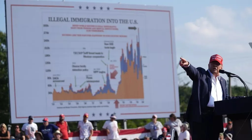 Donald Trump is depicted in an outdoor rally setting, where he is giving a speech. He is positioned at a podium, wearing a red "Make America Great Again" hat, a dark blazer, and a white shirt. His right hand is extended outward, emphasizing his speech to the audience. In the background, a large poster displays a chart titled "ILLEGAL IMMIGRATION INTO THE U.S." This chart appears to show immigration trends over time, annotated with references to various policies and events such as "DACA announced" and "TRUMP 'SAFE' Third Article 4." The atmosphere suggests a politically charged event, with supporters in the audience, some wearing similar red hats. The lighting is bright, indicating it is likely daytime. The poster and Trump's attire are central to the image, reinforcing the focus on political messaging and immigration issues.