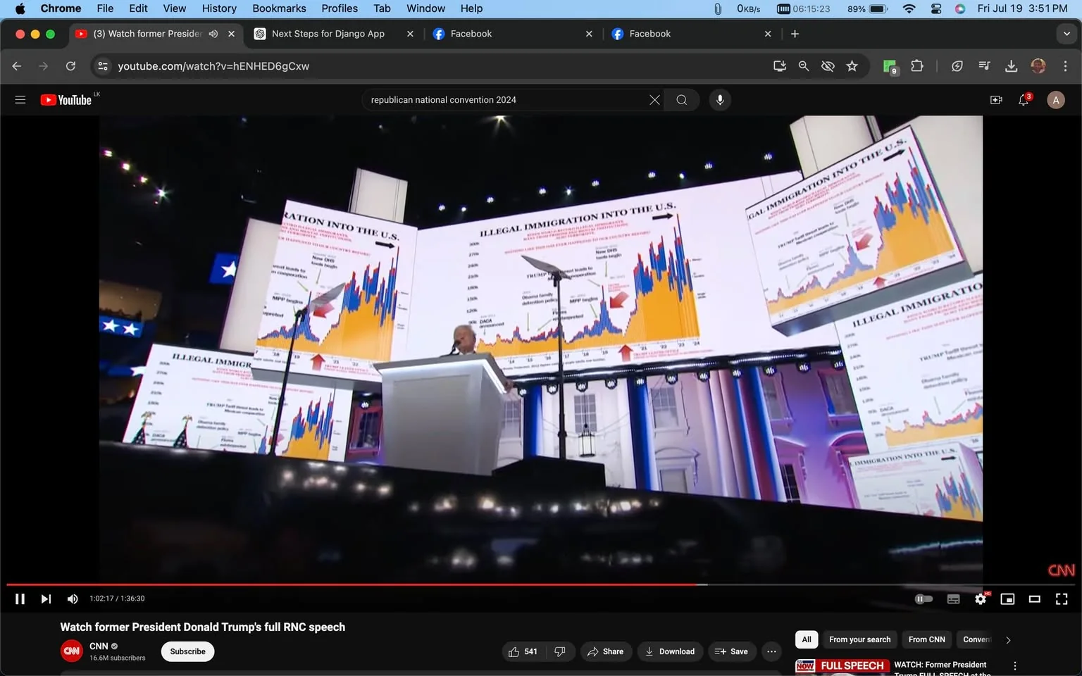 The image is a screenshot from a YouTube video titled "Watch former President Donald Trump's full RNC speech," hosted on CNN's channel. The scene captures a stage setting, likely at a political event, such as the Republican National Convention (RNC). Large screens display graphs and charts titled "ILLEGAL IMMIGRATION INTO THE U.S.", indicating the presentation's focus on immigration issues.
A podium is prominently placed at center stage, and a person stands behind it, though their identity is not discernible in the image. The atmosphere is formal, with a backdrop featuring architectural elements reminiscent of government buildings. The lighting is bright, emphasizing the graphics on the screens. The video seems to document a significant speech or presentation by Donald Trump, focusing on key political topics. The interface elements show typical YouTube features such as play controls and viewer interactions, like likes and comments, reflecting an engaged audience.