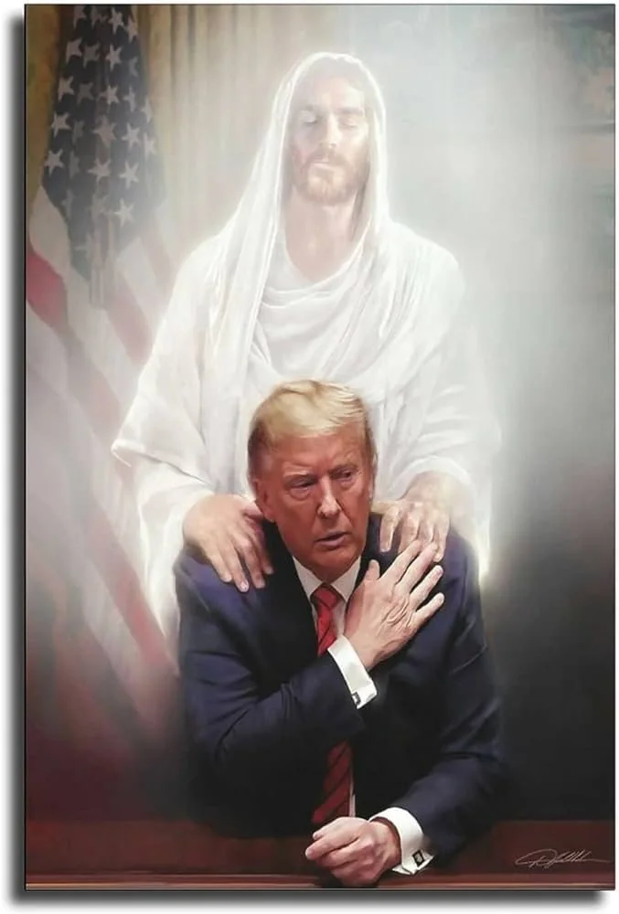 This illustration depicts Donald Trump sitting at a desk, looking contemplative. Behind him stands a figure resembling a traditional depiction of Jesus, dressed in a white robe with a serene expression. Jesus has his hands placed gently on Donald Trump's shoulders, suggesting a sense of guidance or protection. The American flag is visible in the background, adding a political context to the scene. The lighting is soft and ethereal, creating a spiritual or otherworldly atmosphere. Donald Trump is wearing a dark suit with a red tie, his posture slightly hunched, and his right hand placed over his heart, perhaps indicating introspection or emotional weight. The style of the artwork is realistic, with a focus on capturing a moment of personal or symbolic significance. The overall mood of the image is one of solemnity and reverence, blending political and religious themes.