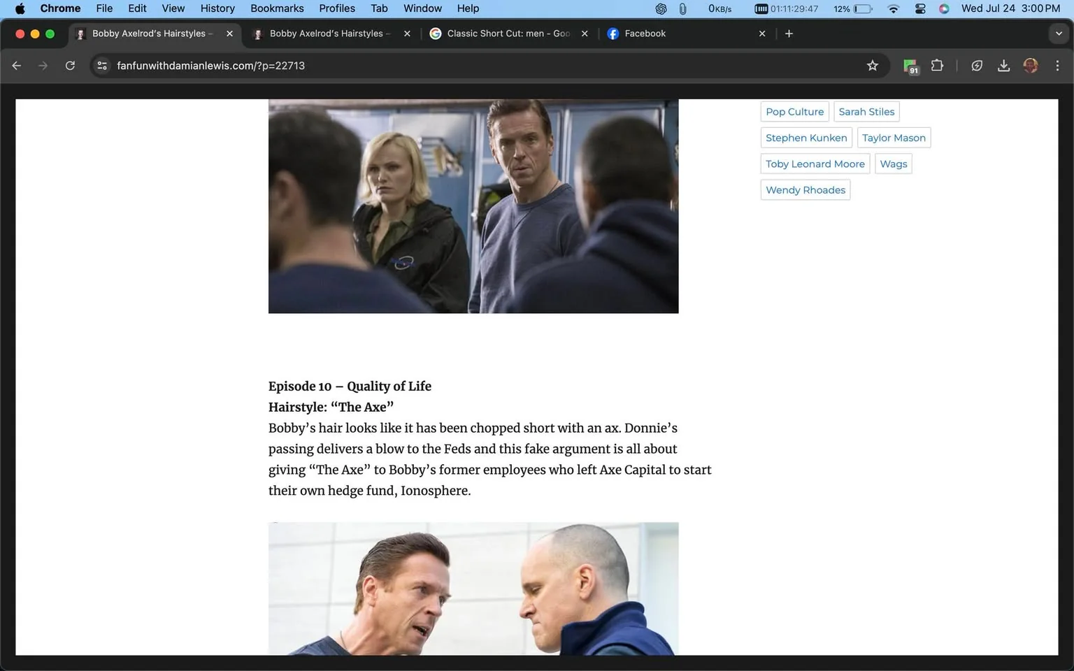 Damian Lewis is prominently featured in this image from a website screenshot titled "Bobby Axelrod's Hairstyles" on fanfunwithdamianlewis.com. The image appears to be from a scene in the show "Quality of Life." Damian Lewis stands in the center of a group, wearing a dark blue shirt. His expression is serious, suggesting a tense or important discussion. Another individual, a woman with blonde hair, stands beside him, also looking serious. In the background, there seems to be a locker room setting, indicated by the lockers visible behind them. The lighting is bright, illuminating the characters clearly. Below the image is a description discussing a specific hairstyle called “The Axe” related to Damian Lewis's character, Bobby. The text also refers to plot elements involving Bobby's former employees and a hedge fund named Ionosphere. The image is part of a blog post analyzing hairstyles and scenes from the show.