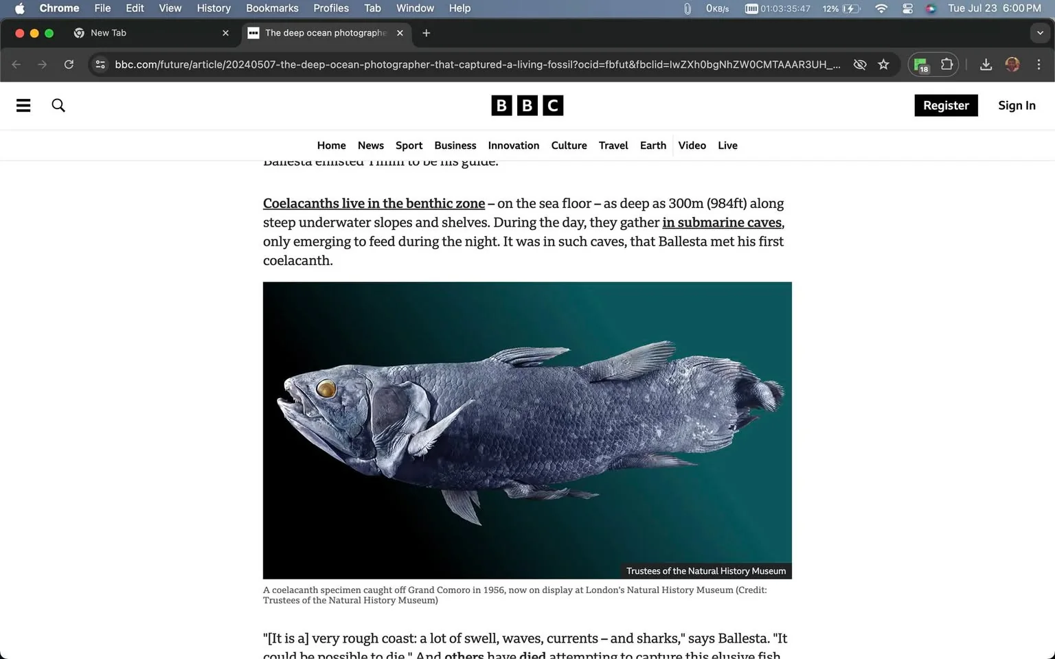 The screenshot shows an article from the BBC website titled "The deep ocean photographer that captured a 'living fossil'." The page features an image of a coelacanth, a rare deep-sea fish, often referred to as a "living fossil." The coelacanth is depicted against a dark green background, highlighting its unique, ancient appearance. Its scales are a deep metallic blue, with prominent fins and a distinctive, almost prehistoric look. The image caption notes it is a specimen caught off Grand Comoro in 1956, now displayed at London’s Natural History Museum.
The text in the article describes how coelacanths inhabit the benthic zone, living deep on the sea floor, typically in submarine caves, and emerging at night to feed. The article also mentions Ballesta, presumably a photographer or researcher who encountered a coelacanth. The visual composition of the article is clean, with the text on a white background, and the BBC logo prominently displayed at the top. The website navigation bar is visible, showing various sections like Home, News, Sport, and more.