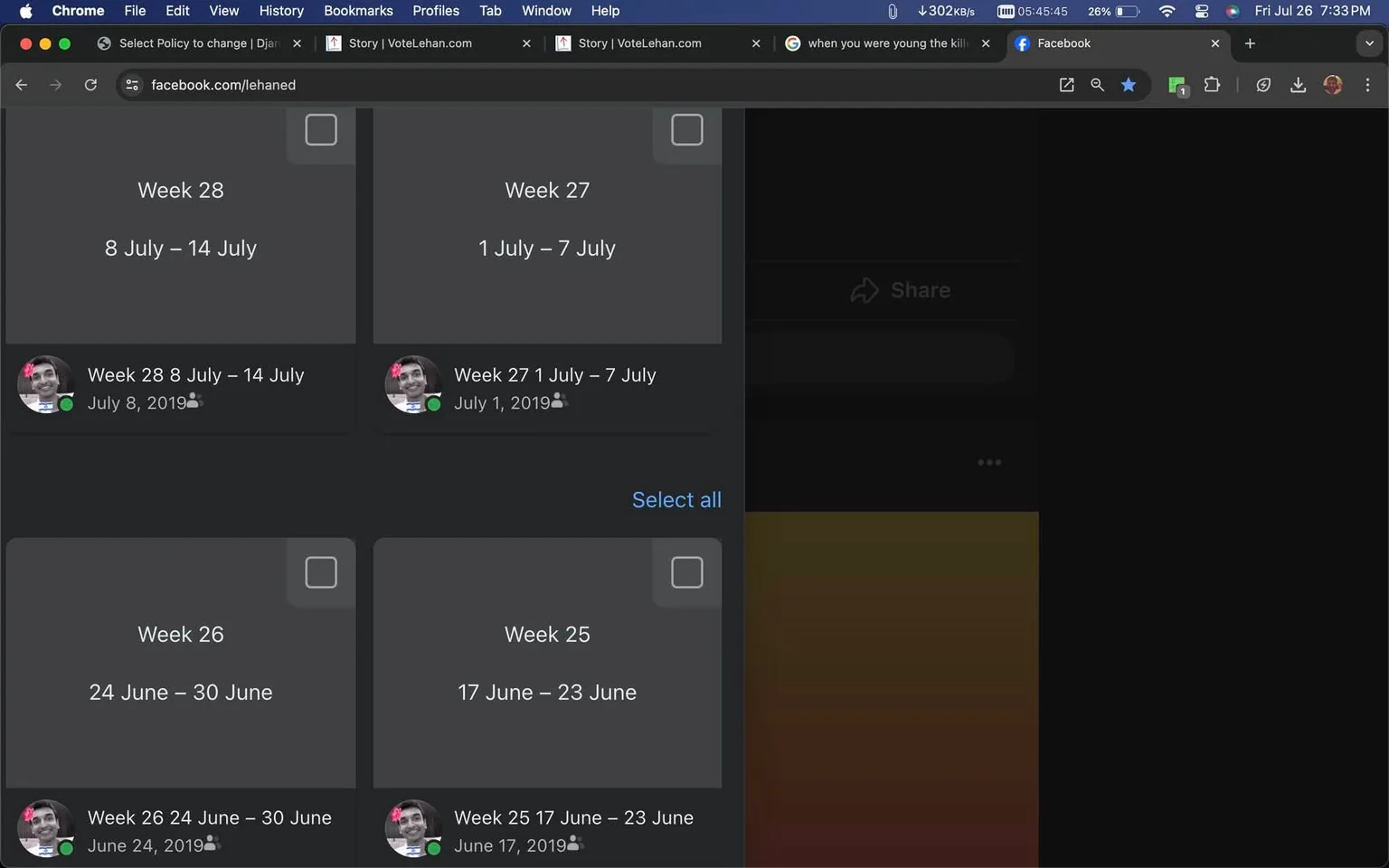 The image is a screenshot of a Facebook page viewed on a browser with a dark theme, indicated by the muted gray and black color scheme. It displays a series of posts organized by week, with each segment showing a date range and respective date of posting in 2019. The left column lists "Week 28 8 July – 14 July" with a posting date of July 8, 2019, and "Week 26 24 June – 30 June" with a posting date of June 24, 2019. The right column shows "Week 27 1 July – 7 July" posted on July 1, 2019, and "Week 25 17 June – 23 June" posted on June 17, 2019. Each post has a small profile picture of a person, but no identities are discernible. The URL in the browser's address bar reads "facebook.com/lehaned," which is also the profile name visible on the page. There are selectable checkboxes next to each week's section, suggesting the ability to manage these posts collectively. Additional browser details like the tabs and application window are visible, with indicators of other open websites and browser activity.