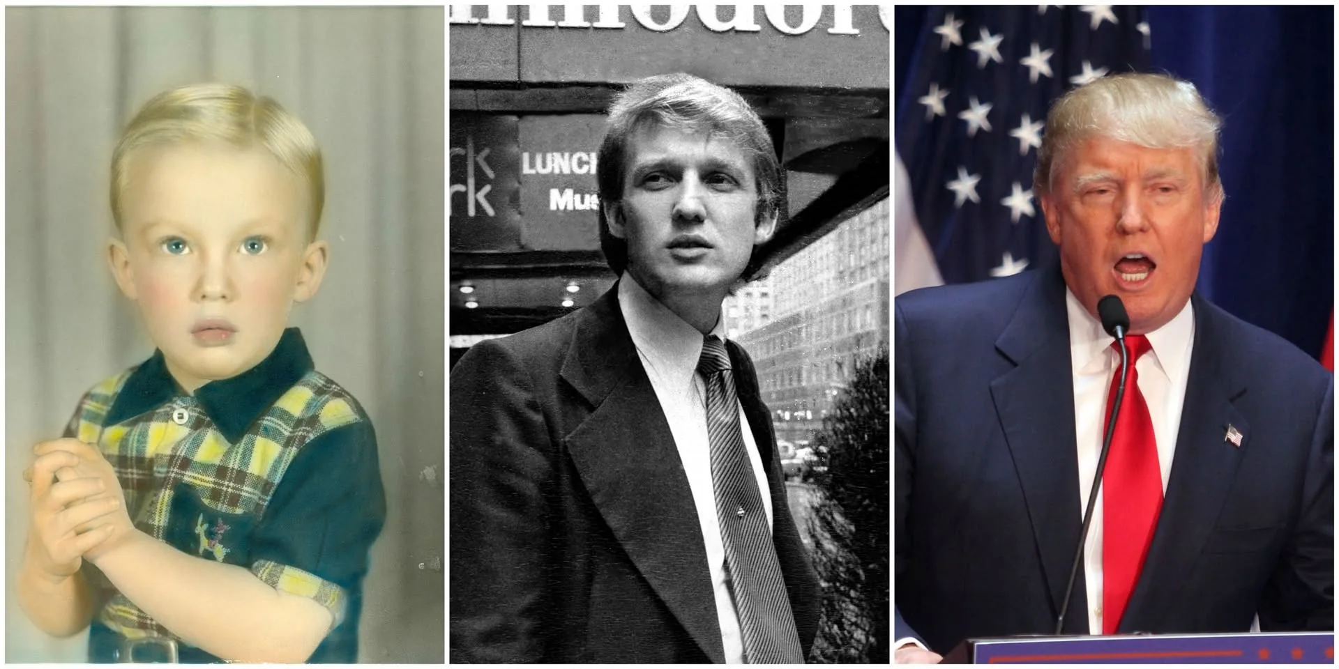 The image is a collage of three photographs showing different stages of Trump's life. The first image on the left is a childhood portrait of Trump. He is wearing a plaid shirt with a dark collar, and his hair is neatly combed to the side. The background is a soft, neutral tone, typical of traditional portrait settings.
The middle photograph is a black-and-white image of Trump as a young adult. He is dressed in a suit with a tie, standing outdoors with a blurred urban background, suggesting a city environment. His expression is thoughtful, with a slight tilt of the head, and the lighting highlights his facial features, adding contrast to the image.
The final photograph on the right captures Trump in his later years, speaking at a podium with an American flag in the background. He is wearing a suit with a white shirt and a red tie. His expression is assertive, with his mouth open as if addressing an audience. The scene is brightly lit, emphasizing the colors of his attire and the flag.
Each image reflects a different phase of Trump's life, capturing changes in his appearance and settings over the years.