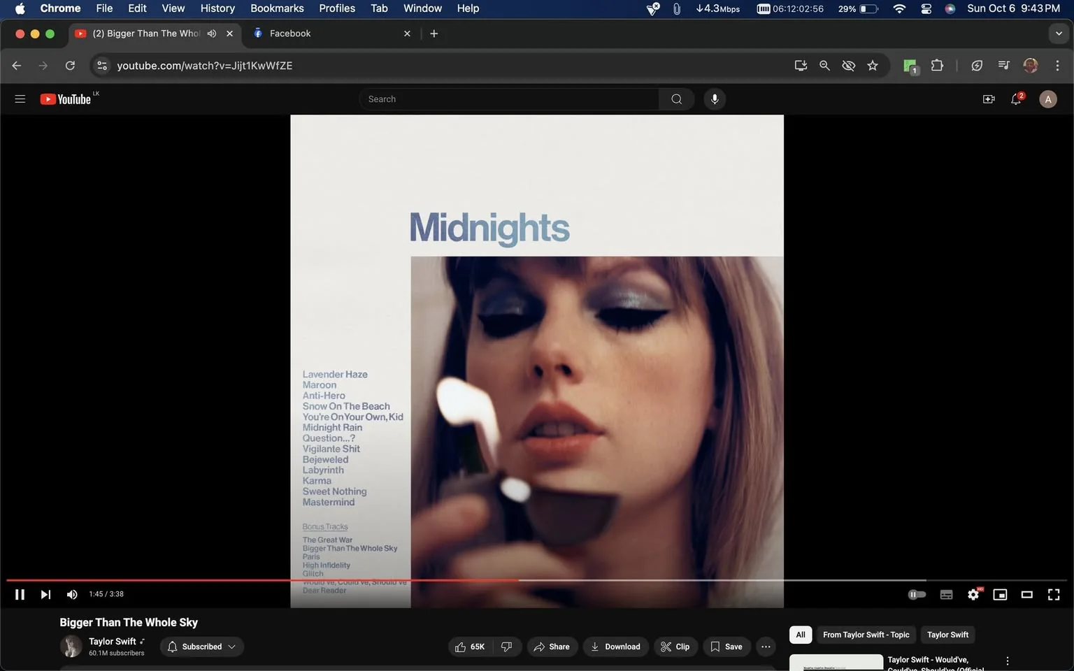 The screenshot is from a YouTube video titled "Bigger Than The Whole Sky" on Taylor Swift's official channel. The focus is on Taylor Swift's album "Midnights," featuring an image of Taylor Swift with a serious expression, holding a lighter with the flame visible. She has a glamorous look with bold eye makeup and neutral lips, suggesting an introspective or contemplative mood. The album cover on the left lists tracks from "Midnights," including songs like "Lavender Haze," "Maroon," and "Anti-Hero," as well as bonus tracks like "Bigger Than The Whole Sky." The YouTube interface shows the video duration and interaction buttons such as like, share, and save. The overall composition is balanced with the album cover text and Taylor Swift's image, capturing the theme and aesthetic of the album effectively.
- Title: "Bigger Than The Whole Sky"
- Channel / profile: "Taylor Swift"
- Site / app: "YouTube"