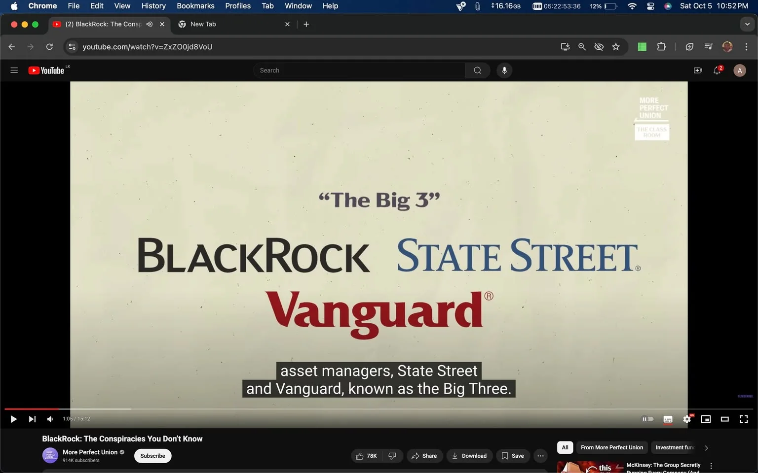 The image is a frame from a YouTube video titled "BlackRock: The Conspiracies You Don’t Know," published by the channel More Perfect Union. The video frame displays a presentation-style layout with a beige background. Centered prominently in bold text are the names of three major asset management companies: "BLACKROCK," "STATE STREET," and "Vanguard," labeled collectively as "The Big 3." These names are written in varying fonts and colors, with "BLACKROCK" in black, "STATE STREET" in blue, and "Vanguard" in red, each set apart to highlight their individual significance.
Subtitles at the bottom of the frame read: "asset managers, State Street and Vanguard, known as the Big Three." The presentation seems to be discussing these companies' roles in the financial industry, likely exploring themes of influence or conspiracy. The style is formal and straightforward, focusing on conveying information effectively. The video's purpose is educational, aiming to shed light on the operations and impacts of these prominent financial entities.
