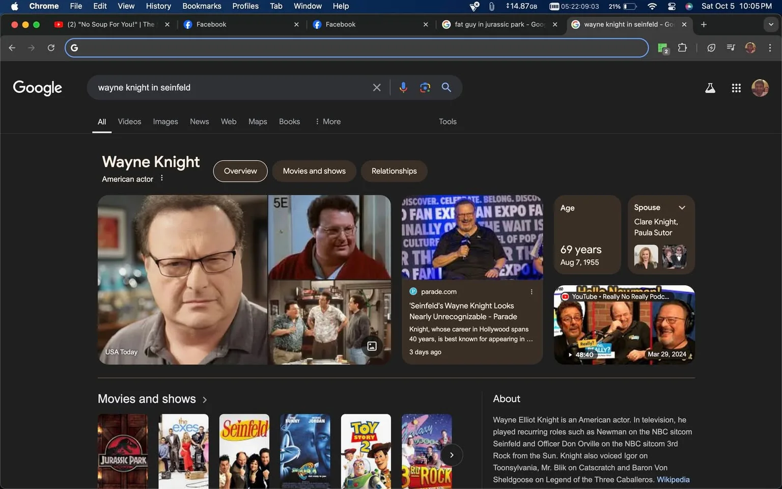 The screenshot displays a Google search results page in dark mode for "Wayne Knight in Seinfeld." At the top, there are pictures of Wayne Knight, with the main image depicting him in glasses with a serious expression. Beside it, there's a smaller photo from "Seinfeld" featuring him interacting with other characters. The background includes a sidebar with Wayne Knight’s age and spouse information. Below, a section highlights movies and shows associated with him, such as "Jurassic Park," "The Exes," and "Toonsylvania." The search bar at the top shows the query, and browser tabs are visible above, indicating other active pages like YouTube and Facebook. The dark theme contrasts with colorful thumbnails and text, emphasizing the actor's career and filmography.