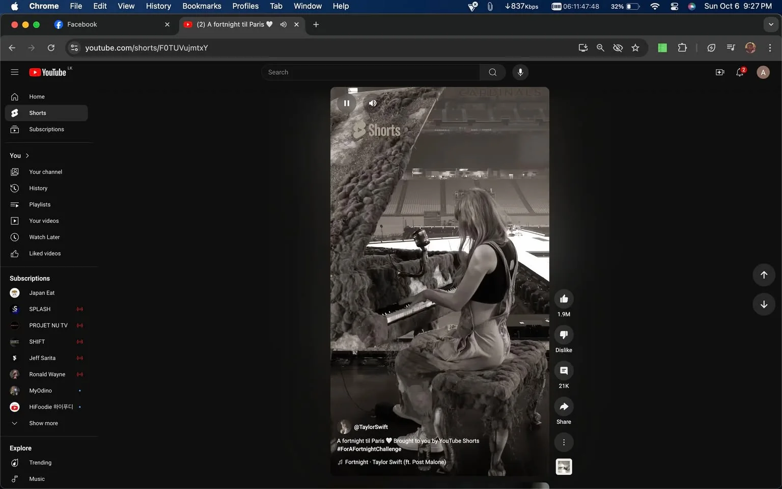 The image is a screenshot from YouTube Shorts, featuring a video from the channel @TaylorSwift. The setting is an indoor stage or rehearsal area, with a woman playing a piano covered in a textured, possibly furry material. The environment suggests a preparation for a large event or concert, with an empty stadium or large venue visible in the background.
The person is seated at the piano, focused on playing, with her back to the camera. She is wearing casual attire, including overalls and a sleeveless top, suggesting a relaxed rehearsal atmosphere. The lighting is natural and bright, highlighting the stage area and creating a professional yet casual ambiance.
Important on-screen text includes "A fortnight til Paris 💕 Brought to you by YouTube Shorts," indicating an upcoming event or theme related to Paris. The hashtag "#ForAFortnightChallenge" suggests a social media challenge or campaign. Additionally, the text mentions "🎵 Fortnight: Taylor Swift (ft. Post Malone)," possibly indicating a musical collaboration or theme associated with the video.
- Site / app: "YouTube"
- Channel / profile: "@TaylorSwift"
- Key OCR lines: "A fortnight til Paris 💕 Brought to you by YouTube Shorts", "#ForAFortnightChallenge", "🎵 Fortnight: Taylor Swift (ft. Post Malone)"