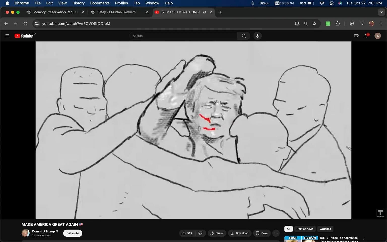 The illustration is a fan manga drawing featuring Trump surrounded by several figures, likely illustrating a scene of support or camaraderie. The figures are sketched in a minimalist, cartoon-like style with simple lines and shading. Trump is centrally placed and appears to be in a group embrace, with his eyes closed and a slight expression of contentment or peace. The sketch uses a monochrome palette with a hint of red applied to Trump's face, possibly to highlight his features or add dramatic effect. Surrounding individuals are also simply drawn, with minimal facial details, emphasizing a sense of unity or solidarity.
The image is a screenshot from a YouTube video, as indicated by the interface elements visible, such as the video title "MAKE AMERICA GREAT AGAIN 🇺🇸" and the channel name "Donald J Trump." The browser interface shows other tabs open and some video interaction buttons like share, download, and save. The topic appears to be related to political themes, possibly a promotional or fan-made content supporting Trump. The overall tone is supportive and positive, capturing a moment of emotional connection or unity.