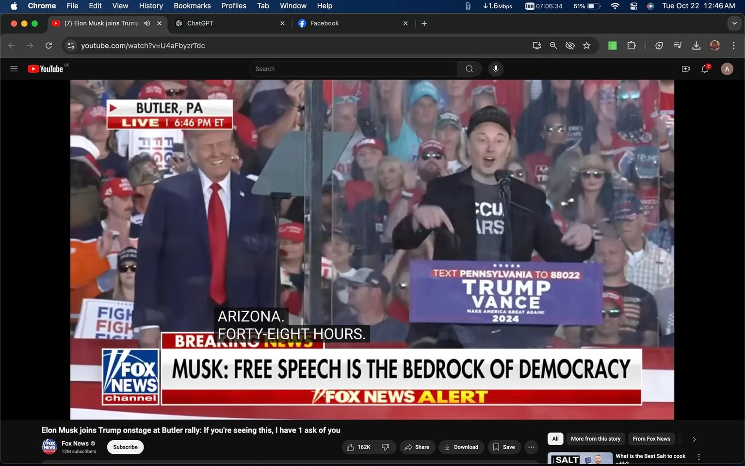 The image is a screenshot from a YouTube video showing Donald Trump and Elon Musk at a rally in Butler, Pennsylvania. The event is covered by Fox News. On the left, Donald Trump is wearing a dark suit with a white shirt and a red tie, smiling broadly at the crowd. On the right, Elon Musk is at a podium, speaking into a microphone. He is wearing a black jacket, a cap, and a T-shirt that appears to have text on it. The podium features a sign that reads "TRUMP VANCE" and "MAKE AMERICA GREAT 2024," indicating a political rally setting. The crowd behind them is animated, many wearing red hats and patriotic attire, suggesting a supportive audience. The atmosphere is lively and energetic, typical of a political rally. The on-screen text highlights include a Fox News alert stating "MUSK: FREE SPEECH IS THE BEDROCK OF DEMOCRACY," emphasizing the theme of the speech.
- Title: "Elon Musk joins Trump onstage at Butler rally: If you're seeing this, I have 1 ask of you"
- Channel / profile: "Fox News"
- Site / app: "YouTube"
- Captions / subtitles: "ARIZONA. FORTY-EIGHT HOURS."