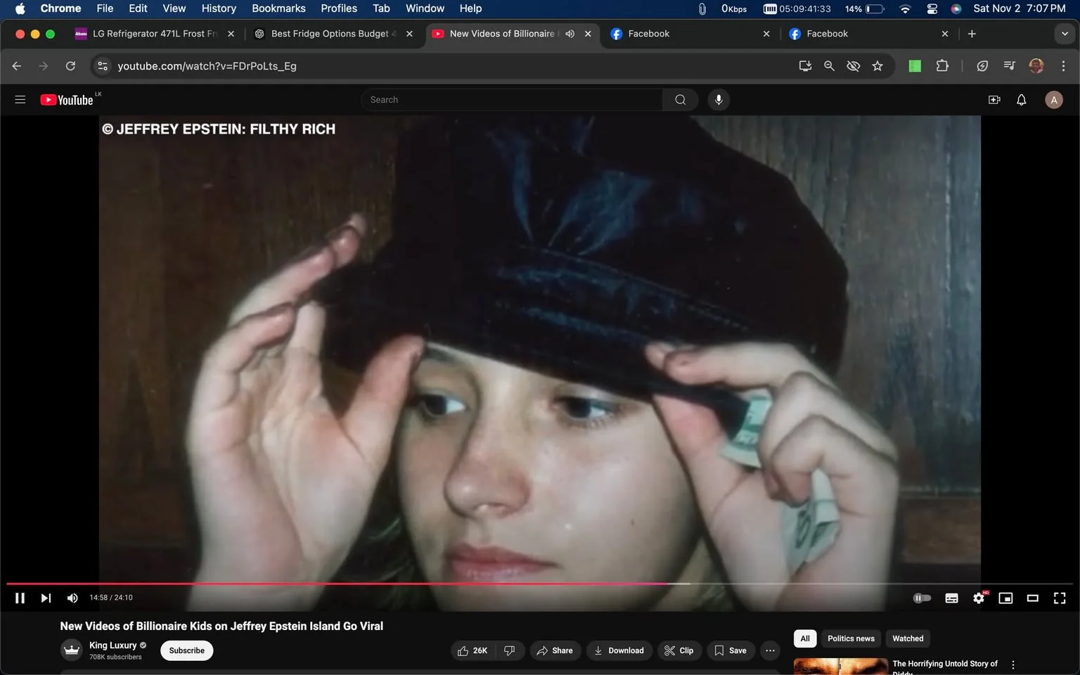 The image is a YouTube video frame titled "New Videos of Billionaire Kids on Jeffrey Epstein Island Go Viral," from the channel "King Luxury." The video is hosted on YouTube, as indicated by the browser interface and URL bar. The screen displays a close-up of a young person adjusting a dark, shiny hat while holding some money in their right hand. The individual's expression is thoughtful, with their gaze directed slightly downward. The background is a wooden surface, adding a rustic or vintage atmosphere to the scene.
The text "JEFFREY EPSTEIN: FILTHY RICH" appears prominently, linking the content to the named work. The video's timeline indicates it is at 14 minutes and 58 seconds of a total 24 minutes and 10 seconds, suggesting this is a mid-point in the narrative. The interface shows standard YouTube features like the like/dislike buttons, subscribe button, and viewer metrics. The mood of the image is introspective, with muted colors contributing to a somber tone. The focus is on the person’s expression and the hands adjusting the hat, evoking curiosity about the context and story behind the image.
- Title: "New Videos of Billionaire Kids on Jeffrey Epstein Island Go Viral"
- Channel / profile: "King Luxury"
- Site / app: "YouTube"