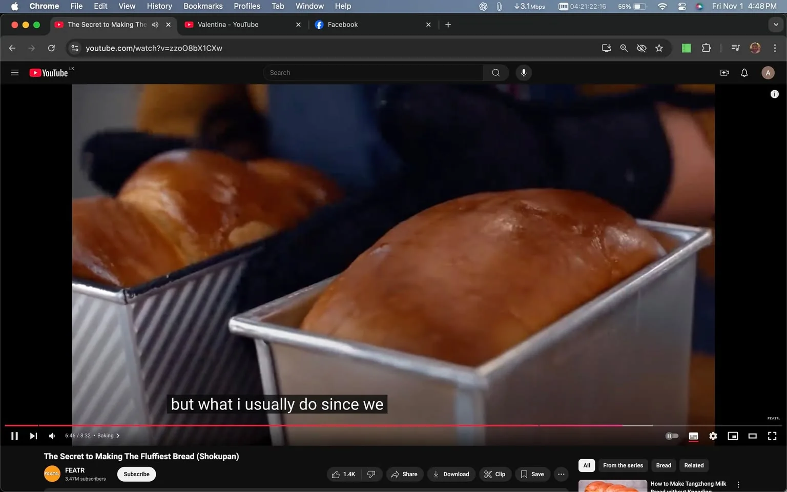 This image is a screenshot from a YouTube video titled "The Secret to Making The Fluffiest Bread (Shokupan)." The channel hosting the video is "FEATR." The scene features a close-up of freshly baked loaves of bread in metal pans, showcasing their golden-brown crusts. The light shines softly on the bread, highlighting their glossy surfaces, likely from a brushed egg wash or similar technique. In the lower part of the screen, YouTube controls are visible, including play/pause and volume buttons. There are also options for liking, sharing, and saving the video. The video timestamp indicates it is at 6 minutes and 46 seconds of a total 8-minute and 32-second runtime. The subtitle on screen reads, "but what i usually do since we," suggesting a continuation of instructions or a personal anecdote from the speaker. The overall setting is a kitchen environment, focusing on the process of baking.