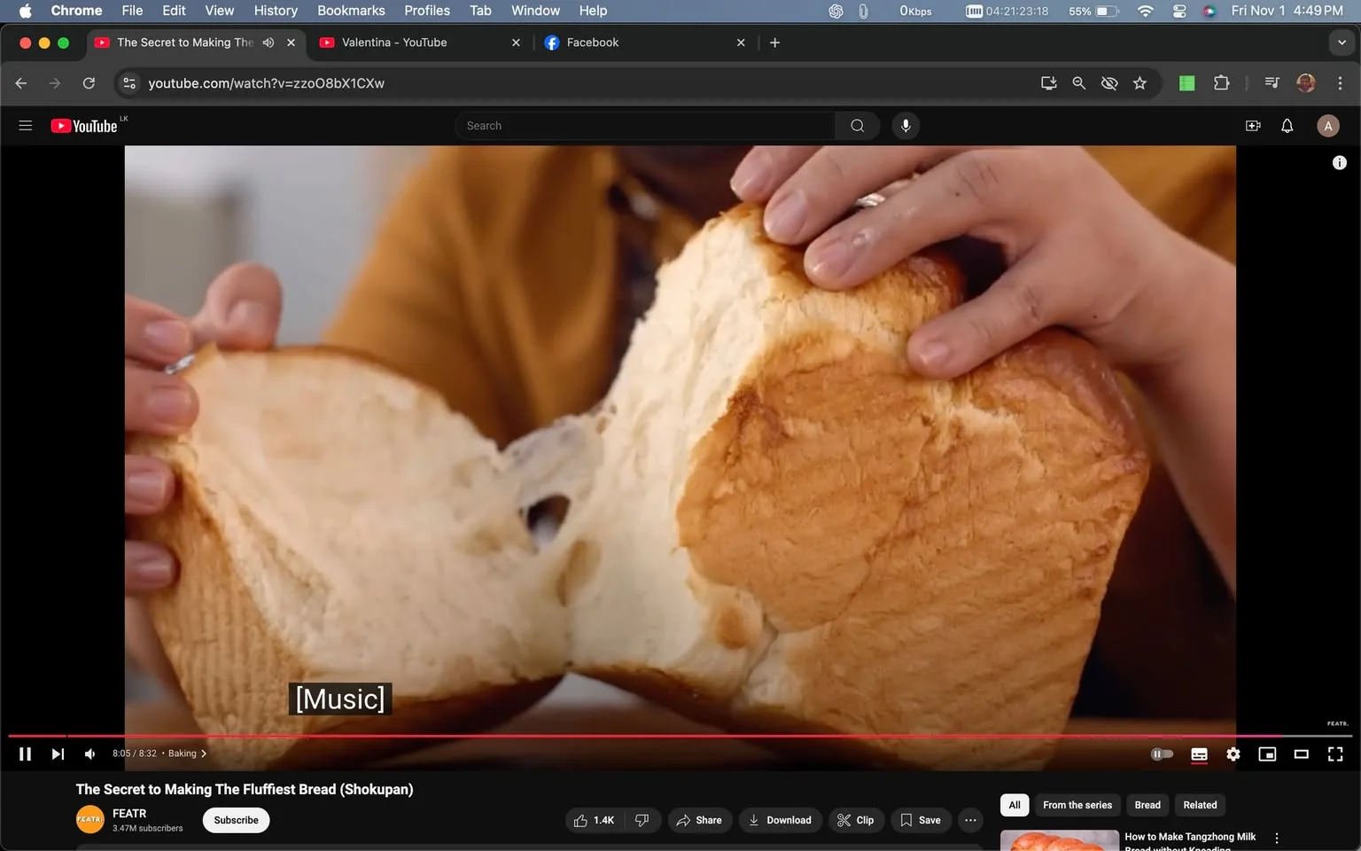 The image is a screenshot from a YouTube video titled "The Secret to Making The Fluffiest Bread (Shokupan)" on the channel FEATR. The screenshot captures a close-up view of hands pulling apart a loaf of fluffy, golden-brown bread, showcasing its soft texture and airy interior. The lighting is warm, highlighting the bread’s appealing crust and soft crumb. The person handling the bread is likely demonstrating the bread’s texture, central to the video’s theme. The environment appears to be indoors, possibly a kitchen, and the focus is tightly framed on the bread itself. The YouTube interface is visible, with options like play, save, and clip underneath the video window. There’s a visible music subtitle at the bottom, “[Music]”, indicating background music is playing during this moment in the video.
- Title: "The Secret to Making The Fluffiest Bread (Shokupan)"
- Channel / profile: "FEATR"
- Site / app: "YouTube"
- Captions / subtitles: "[Music]"
