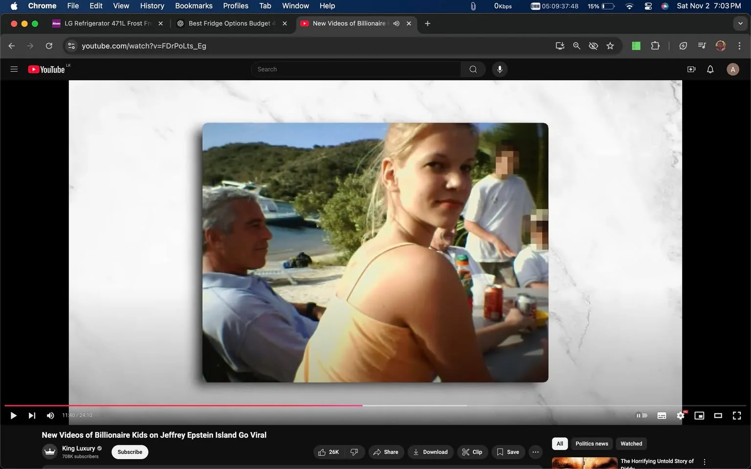 1) Rich description: The image is a screenshot from a YouTube video titled "New Videos of Billionaire Kids on Jeffrey Epstein Island Go Viral," hosted on the King Luxury channel. It features a group of people seated outdoors near a body of water, suggesting a beach or island setting. One individual, identified by the hint as Jeffrey Epstein, is seated to the left, wearing a light-colored shirt and appearing relaxed. In the foreground, a woman with blonde hair is turning towards the camera, wearing a light orange top. Her expression is neutral as she sits at a table with drinks and food. Behind her, other individuals are present, with some faces blurred, possibly for privacy. The background includes boats and lush greenery, indicating a scenic and possibly exclusive location. The lighting is bright and natural, typical of a sunny day.
2) On-screen text block:
- Title: "New Videos of Billionaire Kids on Jeffrey Epstein Island Go Viral"
- Channel / profile: "King Luxury"
- Site / app: "YouTube"