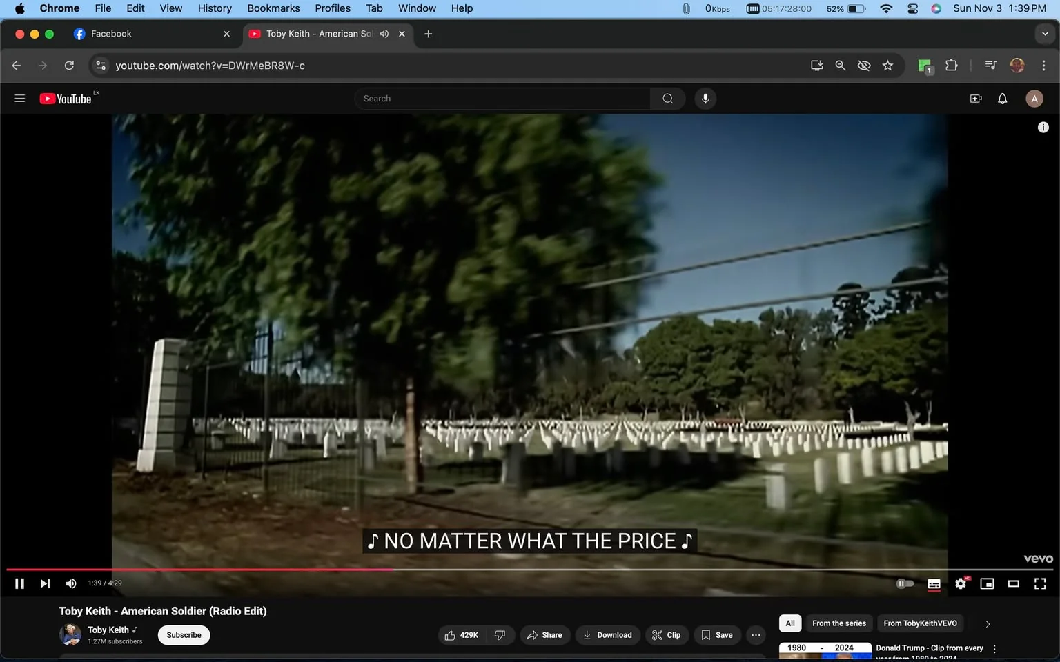 The image is a screenshot from a YouTube video titled "Toby Keith - American Soldier (Radio Edit)" on the Toby Keith channel. The scene shows a cemetery, likely a military one, with rows of white headstones stretching into the distance. The setting is outdoors during the daytime, with clear skies and green trees providing a contrasting backdrop to the solemn rows of headstones. The caption at the bottom reads "NO MATTER WHAT THE PRICE," which appears to be part of the song's lyrics, adding emotional weight to the visual of the cemetery. This scene likely represents themes of sacrifice and patriotism, fitting the context of the song "American Soldier." The composition highlights the vastness and uniformity of the headstones, suggesting a sense of honor and remembrance. The overall mood is respectful and contemplative.
- Title: "Toby Keith - American Soldier (Radio Edit)"
- Channel / profile: "Toby Keith"
- Site / app: "YouTube"
- Captions / subtitles: "NO MATTER WHAT THE PRICE"