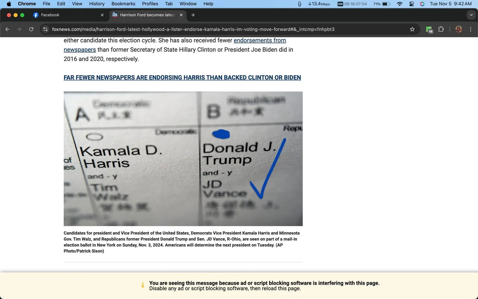 The screenshot shows a Fox News article discussing endorsements for political candidates Kamala Harris and Donald Trump. The headline indicates that actor Harrison Ford is endorsing Kamala Harris. The page includes an image of a ballot featuring names like Kamala D. Harris, Donald J. Trump, and JD Vance, with a checkmark next to Trump's name. The screenshot displays a typical news website layout, with the article's text and a related image. The photograph of the ballot is in focus, showing the names and a blue checkmark. The page also includes a warning about ad or script blocking software interfering with the display. The overall tone is informative, focusing on political news and endorsements.