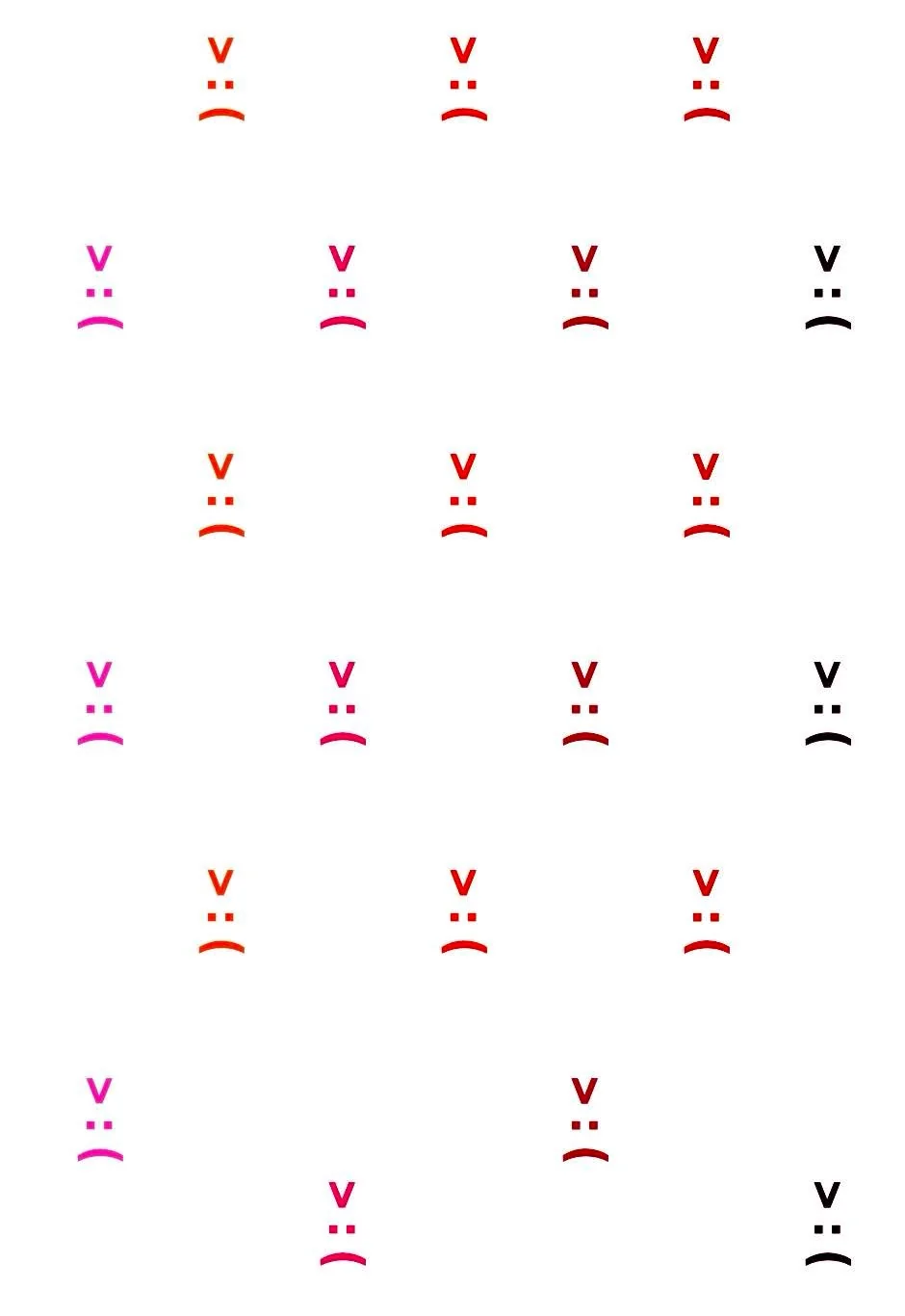 The image features a pattern composed of the AngryPages™ logo, arranged in a neat, matrix-like design. The logos are placed evenly across the canvas, each consisting of a simple face with a "V" shape above two dots and a curved line, suggesting an expression of anger. The logos are presented in various complementary colors, including shades of red, pink, and black, which create a visually appealing and dynamic pattern against the white background. This arrangement provides a sense of uniformity and order while maintaining a playful, abstract quality. The use of complementary colors adds depth and contrast to the design, making each logo stand out individually while also contributing to the overall harmony of the pattern. The illustration is characterized by its clean lines and minimalistic style, typical of modern logo designs, emphasizing the distinct identity of the AngryPages™ brand.