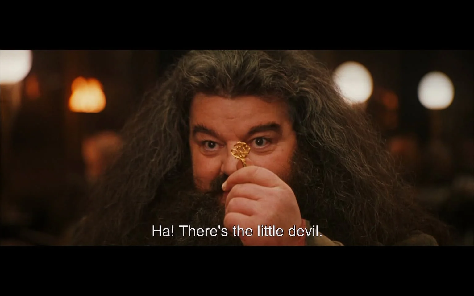 The image is from the "Harry Potter" film series. It features a character with long, curly hair and a full beard holding a small golden key-like object close to his eye, examining it with a curious expression. He appears to be in a warmly lit, indoor setting, possibly a grand hall, given the blurred lights and wood tones in the background. The character's large, intense eyes and the playful smile suggest a moment of discovery or amusement. The subtitle at the bottom reads, "Ha! There's the little devil," indicating a lighthearted or mischievous tone. The colors are rich and warm, with the golden object catching the light, attracting attention to the character's hand and face. The atmosphere feels magical and whimsical, typical of the "Harry Potter" universe.

- Captions / subtitles: "Ha! There's the little devil."
