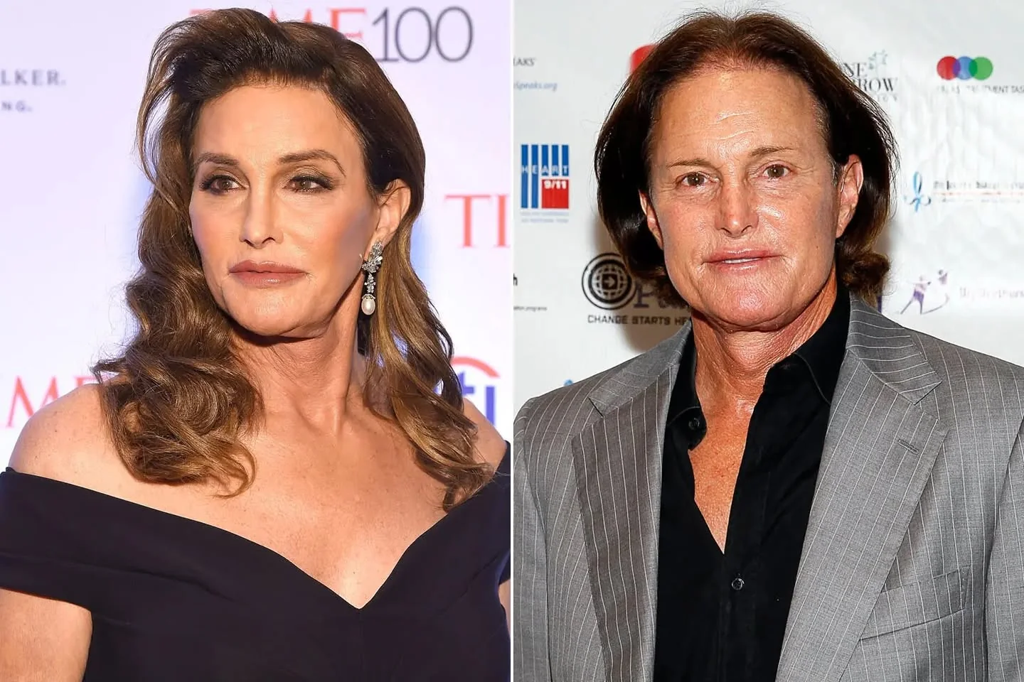 Caitlyn Jenner and Bruce Jenner are depicted in this side-by-side portrait. On the left, Caitlyn Jenner is elegantly dressed in a black off-the-shoulder gown. Her long, wavy brown hair is styled to one side, and she wears eye-catching earrings. Her makeup is polished, highlighting her eyes and lips, and she has a confident expression. The background suggests a formal event, with blurred text that includes "TIME 100," indicating a prestigious setting.

On the right, Bruce Jenner is seen wearing a grey pinstriped suit with a black shirt. His hair is longer and loose, and he has a neutral expression. The background features a patterned step-and-repeat, indicative of a public event or press conference. Both portraits convey a significant personal transformation, emphasizing the change in style and presentation between the two images. The lighting is bright and even in both images, ensuring clarity and focus on the subjects.