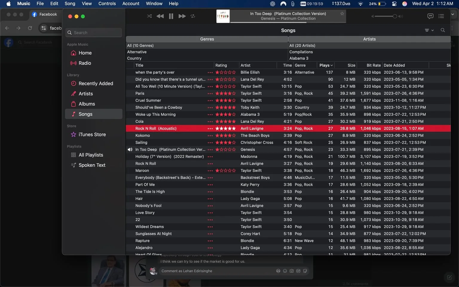 The image displays a screenshot of a music application, likely Apple Music, on a computer interface. The left sidebar contains various sections, including "Home," "Radio," "Recently Added," "Artists," "Albums," and "Songs." Under the "Songs" section, a list of songs is visible, categorized by genres such as "Alternative," "Country," and "Pop/Rock."

The main content area shows a table with columns for "Title," "Rating," "Artist," "Time," "Genre," "Plays," "Size," "Bit Rate," and "Date Added." The song titles listed include "when the party's over" by Billie Eilish, "All Too Well (10 Minute Version)" by Taylor Swift, "Rock N Roll (Acoustic)" by Avril Lavigne, and others. The "Rock N Roll (Acoustic)" entry is highlighted in red, indicating it may be selected or of particular interest. This song has a rating of five stars, a duration of 3:24, and is categorized under "Pop, Rock." It has 27 plays and a file size of 26.8 MB.

The top of the application shows playback controls, including play, pause, and skip buttons, along with a progress bar. The top right corner displays the time (1:12 AM) and battery percentage (24%). There is also a Facebook tab open in the browser, indicating that the user may be multitasking.

In the background, there are additional posts visible, likely from a social media feed, with various text snippets expressing emotions and reflections, possibly related to personal relationships. The posts include phrases like "i miss pauline," "i thought you'd always be there," and "how could i ever forget?" These posts suggest a theme of nostalgia and longing.

Overall, the image captures a digital music library interface alongside a social media context, reflecting both musical preferences and personal sentiments.