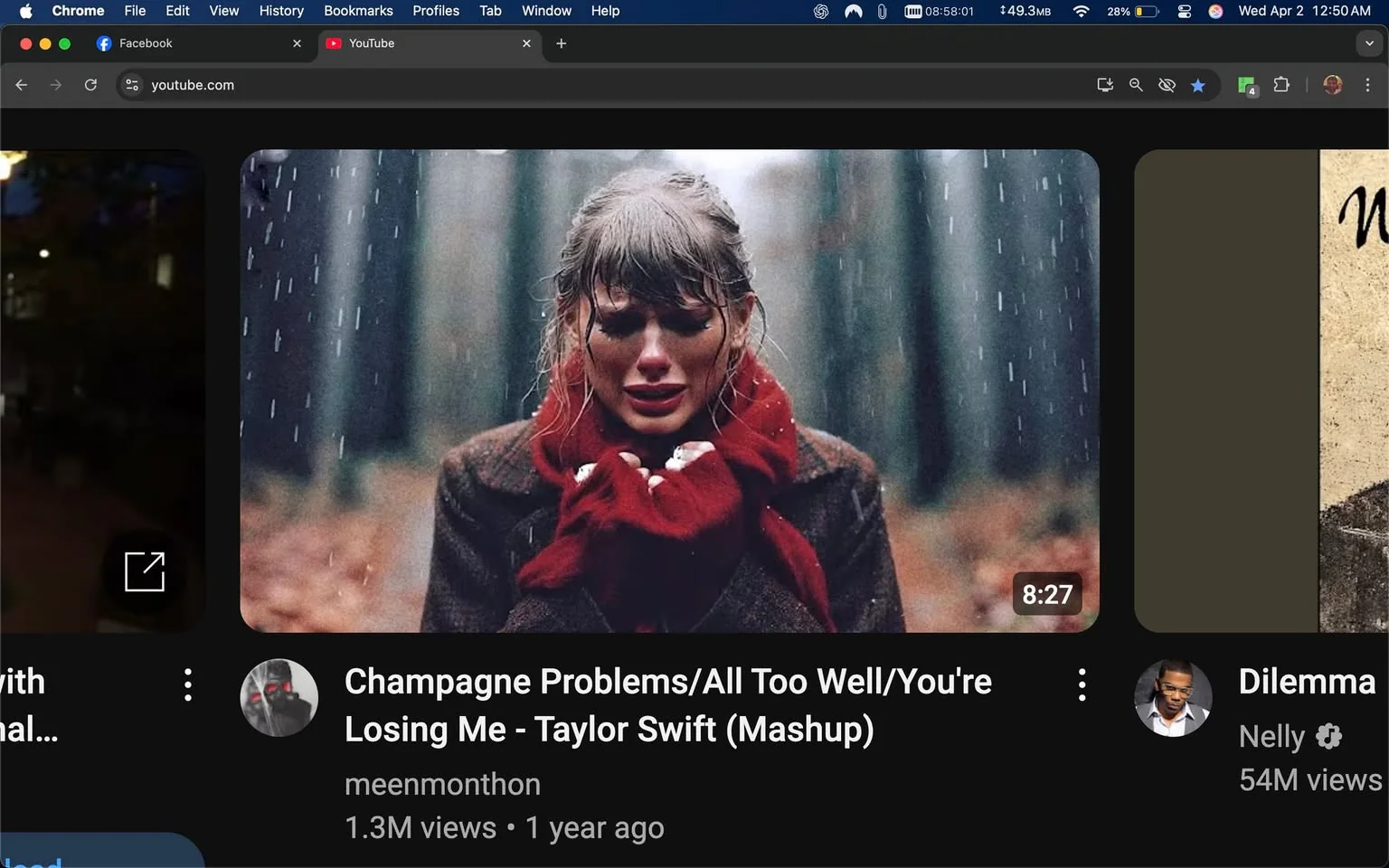 The image displays a YouTube video thumbnail featuring a woman with a distressed expression, possibly crying. She has long, wavy hair that is damp, suggesting she is in a rainy environment. The woman is wearing a dark coat and a bright red scarf wrapped around her neck, which contrasts with the muted colors of the background. Her facial expression conveys sadness or emotional turmoil, with tears visible on her cheeks.

The background consists of a blurred forest scene, with tall trees and a soft focus that suggests a gloomy, overcast day. Rain can be seen falling, adding to the somber atmosphere of the image. The overall color palette is muted, with browns, greens, and grays dominating, enhancing the emotional weight of the scene.

In the lower part of the thumbnail, there is text that reads: "Champagne Problems/All Too Well/You're Losing Me - Taylor Swift (Mashup)." The text is in a white font, which stands out against the darker background. Below the text, the username "meenmonthon" is displayed, along with the view count of "1.3M views" and the upload time of "1 year ago." The video duration is indicated as "8:27."

The layout of the thumbnail is typical for YouTube, with the video title prominently featured and the user information below it. The overall composition draws attention to the woman's emotional expression, likely intended to evoke a connection with the viewer regarding the themes of the songs mentioned.