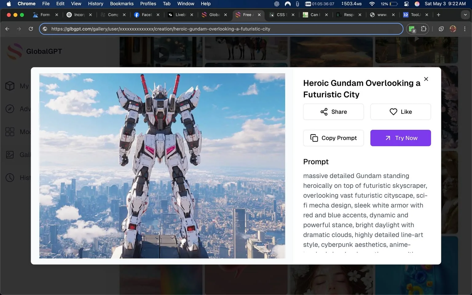 The image features a large, detailed Gundam robot standing heroically on top of a futuristic skyscraper. The Gundam is depicted in a sleek white armor design, accented with red and blue elements. Its stance is dynamic and powerful, suggesting a sense of strength and readiness. The robot's arms are positioned outward, and its head is slightly turned, giving it an imposing presence.

In the background, a vast futuristic cityscape is visible, filled with numerous skyscrapers and buildings, some of which appear to have a modern, sleek design. The city is set against a bright blue sky with scattered clouds, creating a dramatic contrast. The lighting suggests it is daytime, with bright sunlight illuminating the scene.

There are no readable texts, headlines, or logos present in the image. The focus remains solely on the Gundam and the cityscape. The overall aesthetic leans towards a sci-fi theme, with elements typical of cyberpunk aesthetics, characterized by high-tech visuals and a vibrant color palette. The image captures a sense of grandeur and adventure, typical of mecha design in popular culture.