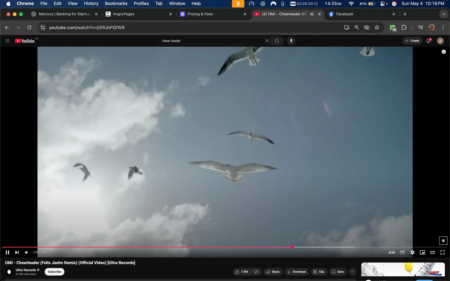 The image depicts a scene featuring several birds in flight against a backdrop of a cloudy sky. The birds appear to be seagulls, characterized by their white bodies and gray wings. Some of the birds are soaring with their wings fully extended, while others are in various positions, suggesting movement through the air. The sky is predominantly blue with patches of white clouds scattered throughout, creating a serene atmosphere. 

In the lower part of the image, there is a faint sunbeam visible, which adds a soft glow to the scene. The overall lighting suggests it may be daytime, with the sun positioned behind the clouds. 

The image is framed within a YouTube video player interface, which includes a red progress bar indicating the video is currently playing at 2:07 out of a total duration of 3:09. The title of the video is "OMI - Cheerleader (Felix Jaehn Remix) (Official Video) [Ultra Records]," and it appears to be hosted on the Ultra Records channel, which has 31.8 million subscribers. 

The top of the browser window shows tabs for various applications, including Chrome and Facebook, but no specific content from those tabs is visible. The overall composition focuses on the birds and the sky, with the video player interface framing the scene.