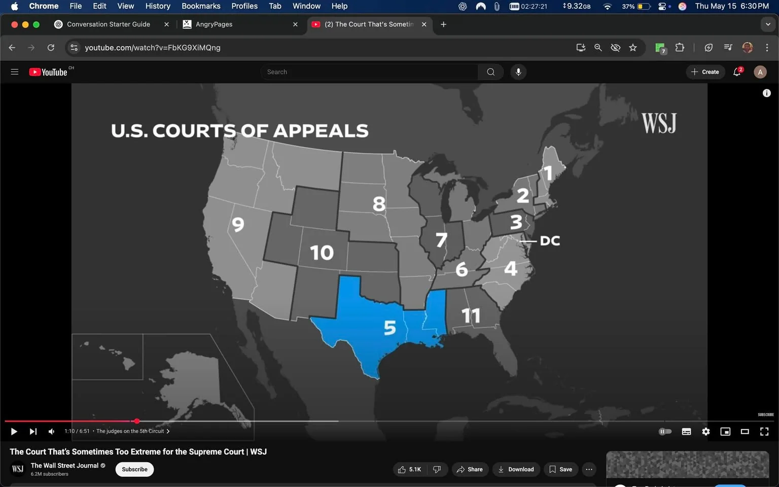 The image displays a map of the United States, specifically highlighting the U.S. Courts of Appeals. The map is predominantly in shades of gray, with the state of Texas and its surrounding areas marked in blue, indicating the jurisdiction of the Fifth Circuit Court of Appeals. 

The map is divided into various regions, each labeled with a number corresponding to different appellate courts. The numbers visible on the map are as follows:

- **1**: Located in the northeastern part of the U.S.
- **2**: Situated in the eastern region, covering parts of New York and Connecticut.
- **3**: Positioned in the mid-Atlantic area, including Pennsylvania and New Jersey.
- **4**: Found in the southeastern U.S., covering states like Virginia and the Carolinas.
- **5**: Highlighted in blue, covering Texas and parts of Louisiana and Mississippi.
- **6**: Located in the Midwest, covering Michigan, Ohio, and Kentucky.
- **7**: Found in the northern Midwest, including Illinois and Indiana.
- **8**: Situated in the central U.S., covering states like Arkansas, Missouri, and North Dakota.
- **9**: Located on the West Coast, covering California and parts of Nevada.
- **10**: Found in the Rocky Mountain region, including Colorado and Utah.
- **11**: Positioned in the southeastern U.S., covering Florida and parts of Georgia.
- **DC**: Indicating the District of Columbia, separate from the numbered circuits.

The map is labeled with the title "U.S. COURTS OF APPEALS" prominently displayed at the top. The background is a muted gray, which contrasts with the blue of Texas, making it stand out. The overall design is clean and straightforward, focusing on the geographic distribution of the appellate courts across the United States. 

There are no people, objects, or additional elements present in the image, and it is purely a graphical representation of the U.S. judicial system's appellate structure. The map serves as an educational tool, likely intended for viewers to understand the jurisdictional boundaries of the various courts.