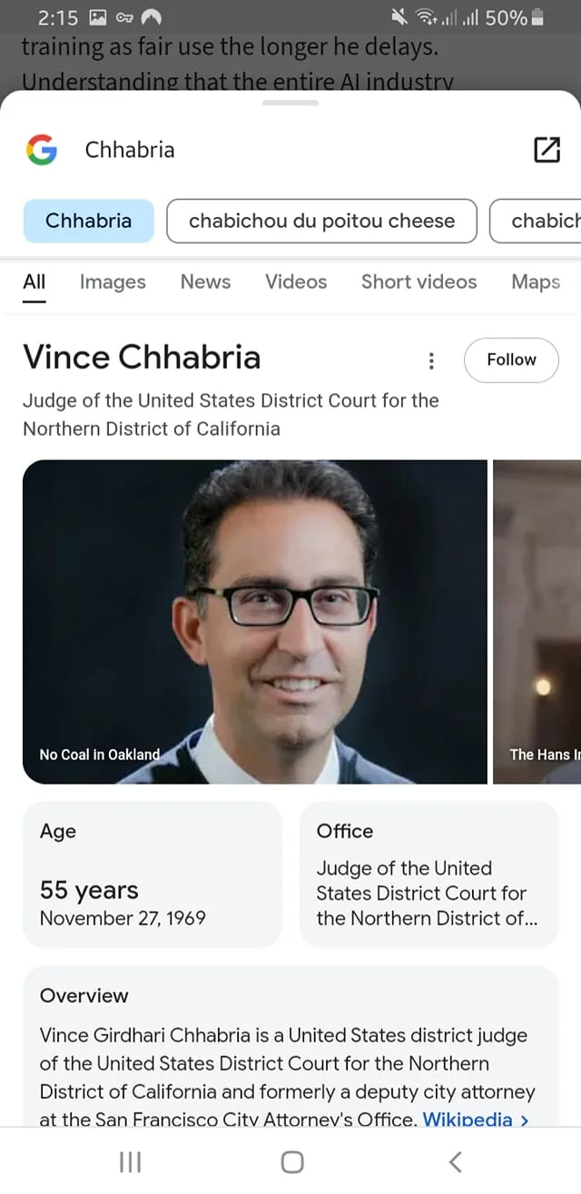 The image displays a profile of an individual named Vince Chhabria, who is identified as a judge of the United States District Court for the Northern District of California. The image is divided into two sections: the left side features a headshot of Chhabria, while the right side appears to show additional images or graphics, though they are not clearly defined in the provided context.

In the headshot, Vince Chhabria is depicted with short, dark hair and is wearing glasses. He has a neutral expression on his face. His attire consists of a white shirt and a dark jacket, suggesting a formal or professional appearance. The background of the headshot is blurred, focusing attention on his face.

Below the headshot, there is text that includes his age (55 years) and date of birth (November 27, 1969). The text also states his official title, "Judge of the United States District Court for the Northern District of California." 

The bottom portion of the image contains an overview of his professional background, indicating that he is a United States district judge and previously served as a deputy city attorney at the San Francisco City Attorney's Office. 

The image is presented in a digital format, likely from a search engine or social media platform, as indicated by the interface elements visible at the top, including a search bar and navigation options. The overall layout is clean and organized, with a focus on providing information about Vince Chhabria's professional role and background. 

No logos, trademarks, or additional brands are visible in the image. The setting appears to be a digital profile rather than a physical location.