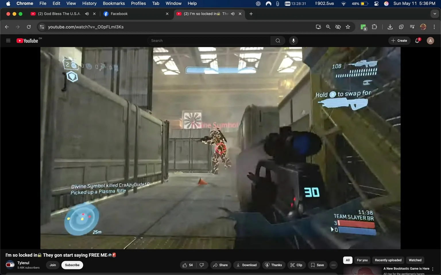 The image displays a screenshot from a video game, likely a first-person shooter, featuring a character in a combat scenario. The setting appears to be an industrial or futuristic environment, characterized by metallic structures and a somewhat dimly lit atmosphere. 

In the foreground, a character is aiming a weapon, which resembles a futuristic rifle. The weapon has a digital display showing the number "30," possibly indicating ammunition or health status. The character is positioned behind a cover, with a visible aiming reticle on the screen. 

To the right of the character, there is an enemy figure, depicted in a stylized, armored design, possibly representing a player or an AI opponent. This enemy is highlighted with a glowing outline, indicating it is a target. The enemy is positioned behind a barrier, suggesting a tactical gameplay element.

Above the enemy, there is a text overlay that reads "Divine Symbol killed CraZyDude10," indicating a recent player interaction or kill in the game. Below this, another text line states "Picked up a Plasma Rifle," suggesting an in-game action where the character has acquired a new weapon.

In the bottom left corner, there is a circular icon with a blue dot, possibly indicating the player's location or a map feature, with a distance marker of "25m." The interface also includes a prompt that says "Hold B to swap for," indicating a control instruction for the player.

The background features a large, circular design on a wall, which could be a decorative element or part of the game’s aesthetic. The overall color palette includes shades of gray, blue, and metallic tones, contributing to the futuristic theme of the game.

The video is hosted on YouTube, as indicated by the interface elements at the top and bottom of the image, including the YouTube logo and various control buttons for video playback. The channel name "Tylenul" is displayed, along with a subscriber count of 5.48K. The video title reads "I'm so locked in They gon start saying FREE ME," suggesting a commentary or gameplay focus. 

Overall, the image captures a moment of action within a video game, emphasizing tactical gameplay and player interactions.