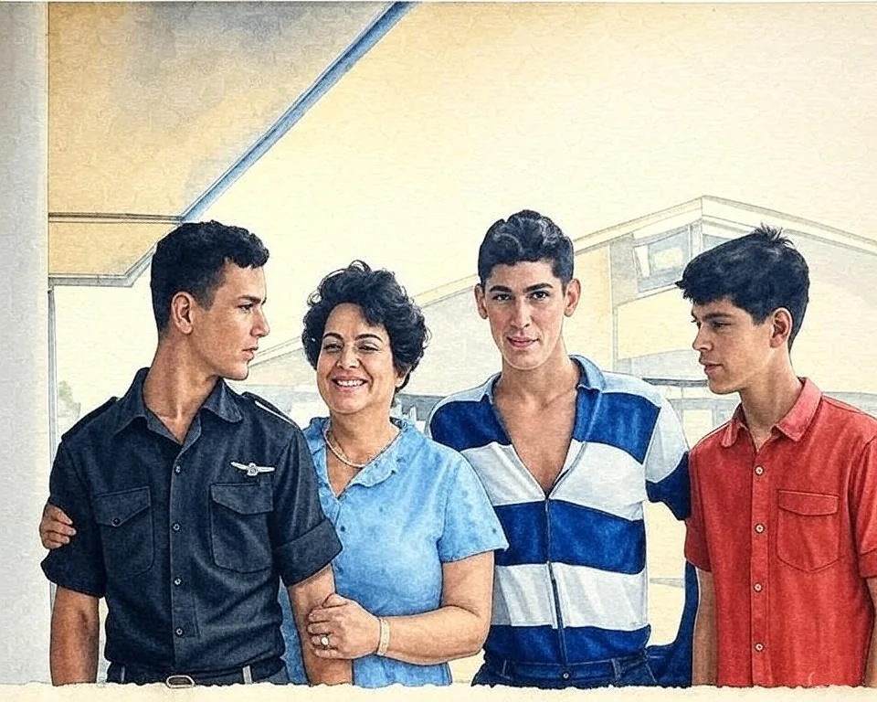The image depicts four young men and a woman standing together in a casual setting. 

1. **People**:
   - **Leftmost Individual**: A young man wearing a dark military-style shirt with a patch on the left shoulder. He has short, dark hair and is looking towards the woman next to him.
   - **Woman**: She is in the center, wearing a light blue dress with a floral pattern. Her hair is dark and curly, and she has a warm smile. She is holding the arm of the young man on her left.
   - **Second Young Man**: To the right of the woman, he is wearing a striped shirt with blue and white horizontal stripes. He has short, dark hair and is looking at the camera.
   - **Rightmost Individual**: A young man in a red shirt. He has short, dark hair and is looking towards the second young man. 

2. **Clothing**: 
   - The young men are dressed in casual attire, with the leftmost wearing a military-style shirt, the second in a striped shirt, and the rightmost in a solid red shirt. 
   - The woman’s dress is light blue, contrasting with the darker colors of the men's clothing.

3. **Facial Expressions**: 
   - The woman appears cheerful and engaged, while the young men have neutral expressions, with the leftmost looking serious and the others appearing relaxed.

4. **Setting**: 
   - The background features a light-colored building with a flat roof, suggesting an outdoor or semi-outdoor environment. The lighting appears bright, indicating daytime.

5. **Overall Composition**: 
   - The group is positioned closely together, with the woman at the center, creating a sense of unity. The image has a nostalgic quality, possibly indicating it was taken in the past.

No readable text, logos, or trademarks are visible in the image. The focus is primarily on the individuals and their attire within the setting described.