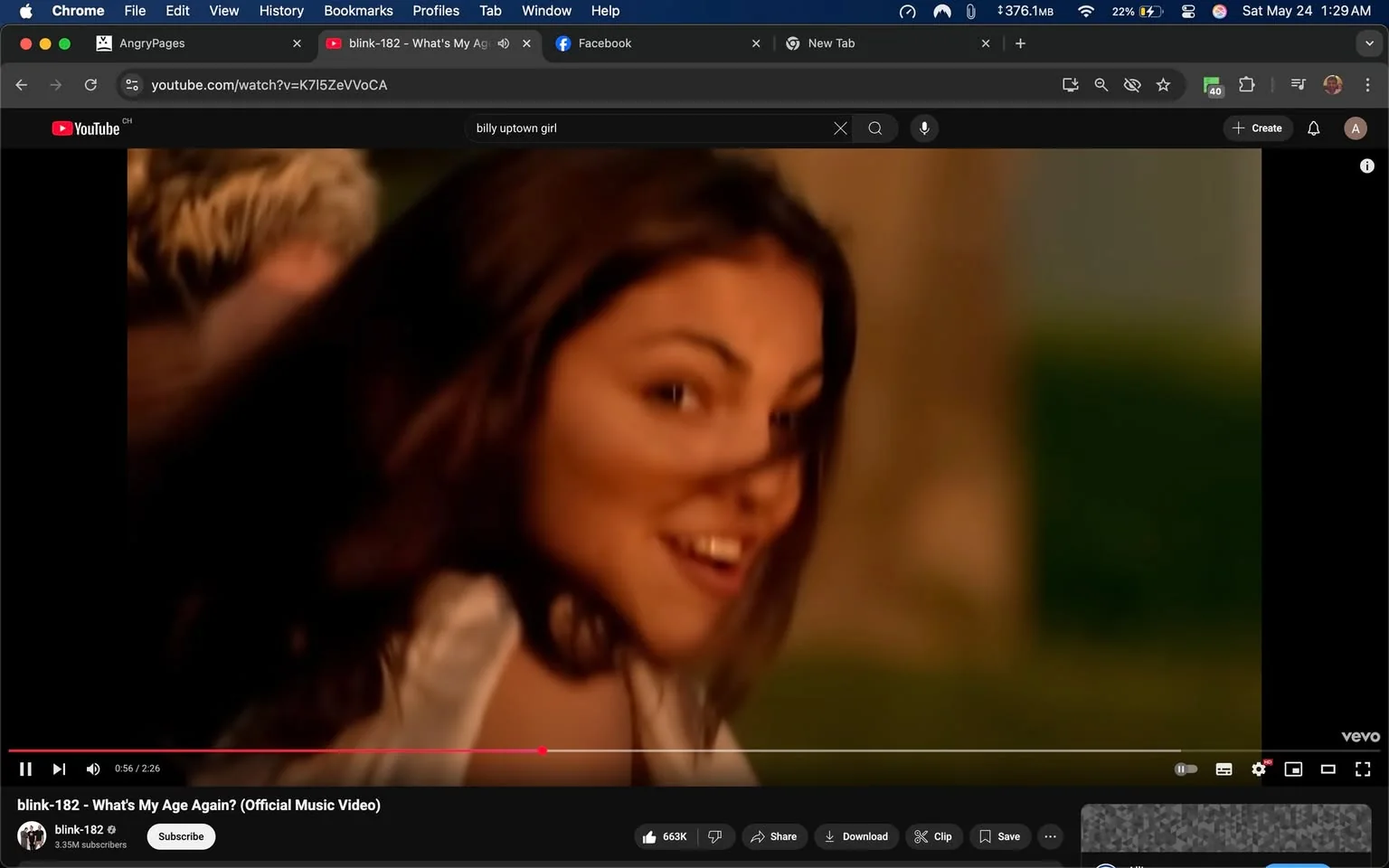 The image appears to be a still from a music video titled "What's My Age Again?" by the band blink-182, as indicated by the visible YouTube interface. The video is currently playing, showing a timestamp of 0:56 out of a total duration of 2:26. 

In the foreground, a young woman is featured prominently. She has long, dark brown hair that appears to be flowing or blowing slightly, suggesting movement. Her expression is playful and engaging, with a slight smile that reveals her teeth. She is looking towards the camera, which gives the impression of interaction or connection with the viewer. 

The woman is wearing a light-colored top, possibly a blouse or shirt, which has a loose fit. The background is somewhat blurred but suggests an outdoor setting, with hints of greenery and soft lighting that creates a warm atmosphere. The overall color palette is warm, with soft focus contributing to a nostalgic or dreamy quality.

In the upper part of the image, the YouTube interface is visible, including the video title "blink-182 - What's My Age Again? (Official Music Video)" and the channel name "blink-182" with a subscriber count of 3.53 million. There are also playback controls visible, including a play/pause button, a timeline slider, and options to share or download the video.

No additional text, logos, or trademarks are visible in the image aside from the YouTube branding. The setting appears to be casual and relaxed, typical of a music video environment, but no specific event or location is identifiable beyond this context.