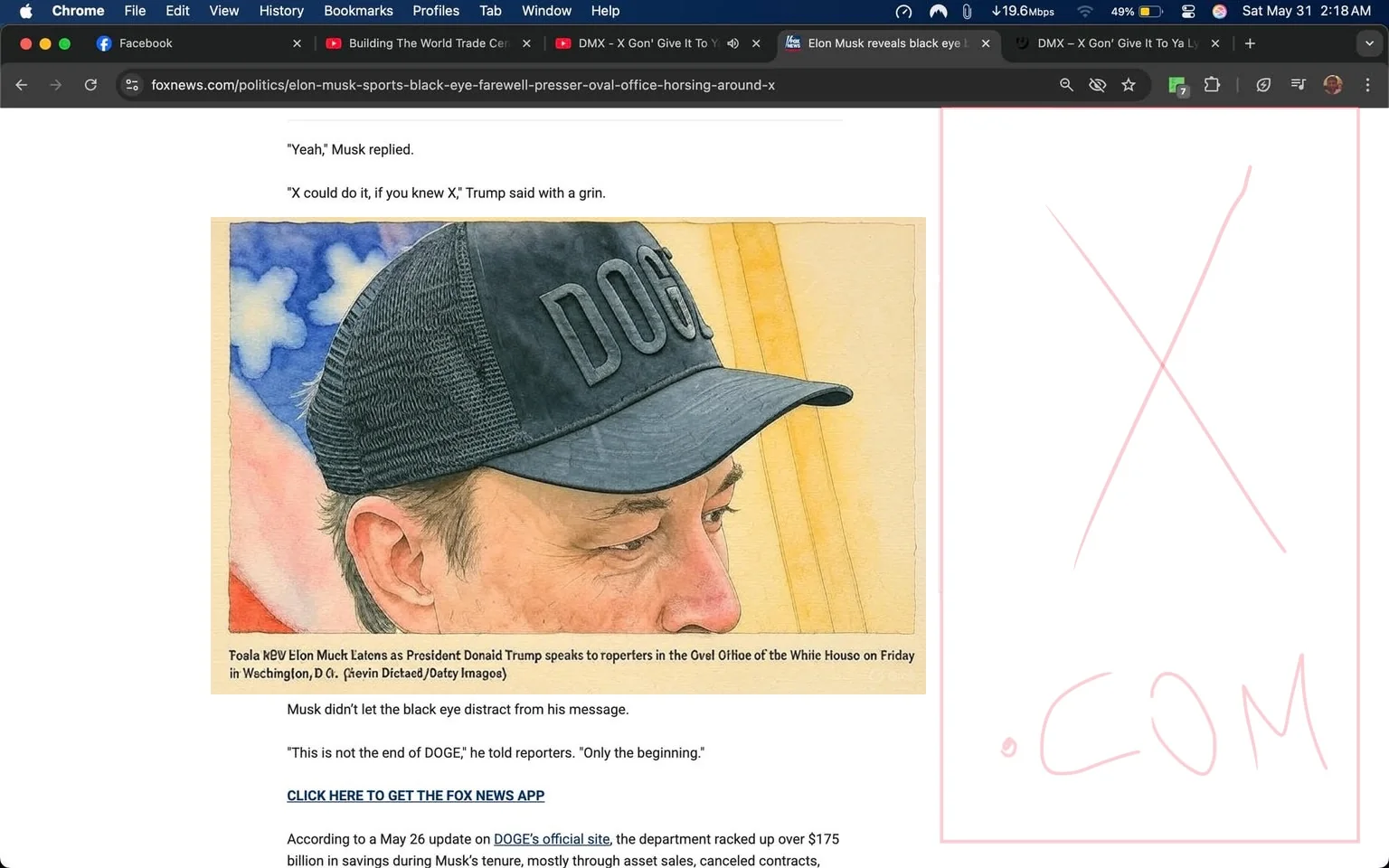 The image shows a close-up of a man, likely Elon Musk, wearing a black cap with the word "DOGE" prominently displayed on the front. The cap has a structured design, and the letters are in a bold, raised font. The man has a light complexion and appears to have a slight bruise or dark mark under his left eye, which could be interpreted as a black eye. His expression is neutral, and he is looking slightly to the side, suggesting he is engaged in conversation or listening attentively.

The background features a blurred American flag, indicating that the setting is likely within a formal environment, such as the Oval Office of the White House. The flag is positioned to the left side of the image, with its red, white, and blue colors visible. The lighting appears bright, illuminating the man's face and the cap clearly.

No additional text or logos are visible in the image aside from the cap's branding. The overall atmosphere suggests a formal or semi-formal event, possibly a press conference or a public appearance, given the context provided in the surrounding text. The man is the central focus, with the background elements serving to contextualize the setting without drawing attention away from him.