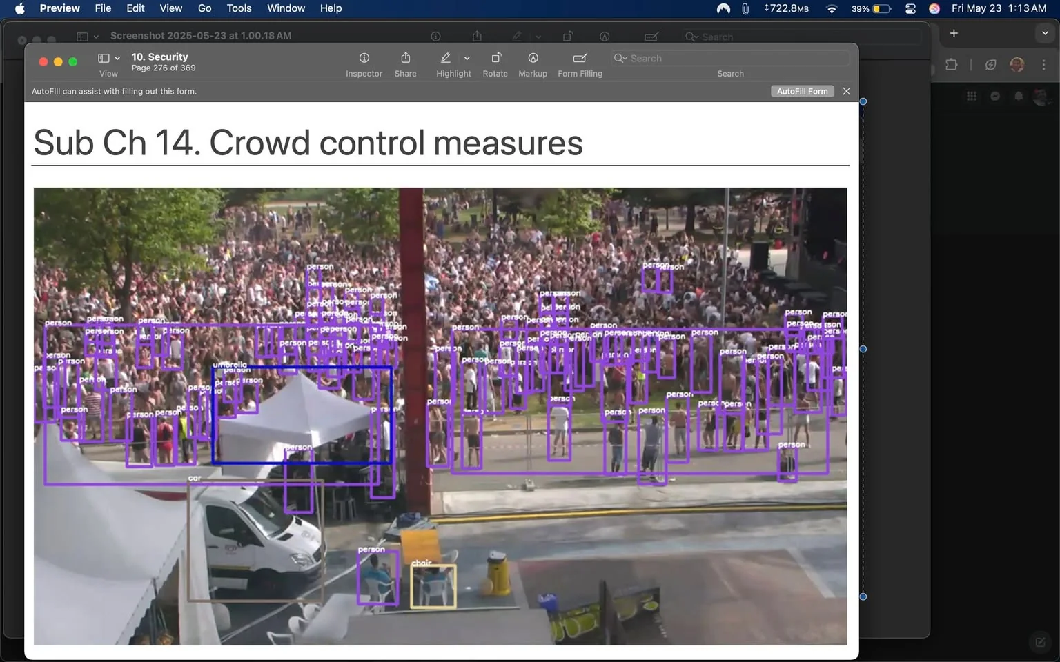 The image displays a crowded outdoor event scene, likely a festival or public gathering. The background is filled with a large crowd of people, many of whom are standing closely together. The crowd appears to be enjoying the event, with some individuals engaged in conversation or looking towards a stage area, which is partially visible.

In the foreground, there are several identifiable objects and elements. A white tent is set up, with a few people visible underneath it. The tent has a triangular shape and is supported by poles. To the left of the tent, there is a vehicle, possibly a van or truck, which is white and has a logo or branding on its side, though the details are not clearly visible. 

Additionally, there is a yellow object, possibly a trash can or a utility container, positioned near the vehicle. A chair is also visible, located near the bottom left corner of the image. 

The crowd is diverse, with individuals of varying heights and body types. Some people are wearing casual clothing, such as t-shirts, shorts, and summer dresses. A few individuals are holding umbrellas, likely for sun protection. The expressions of the people are not clearly visible due to the distance, but they appear to be engaged with the event.

The image includes several purple bounding boxes that label various individuals as "person," indicating that this is likely a processed image for crowd analysis or monitoring. The labels also include "umbrella," "car," and "chair," suggesting an automated object recognition system is in use.

Overall, the setting conveys a lively atmosphere typical of outdoor events, with a focus on crowd dynamics and safety measures.