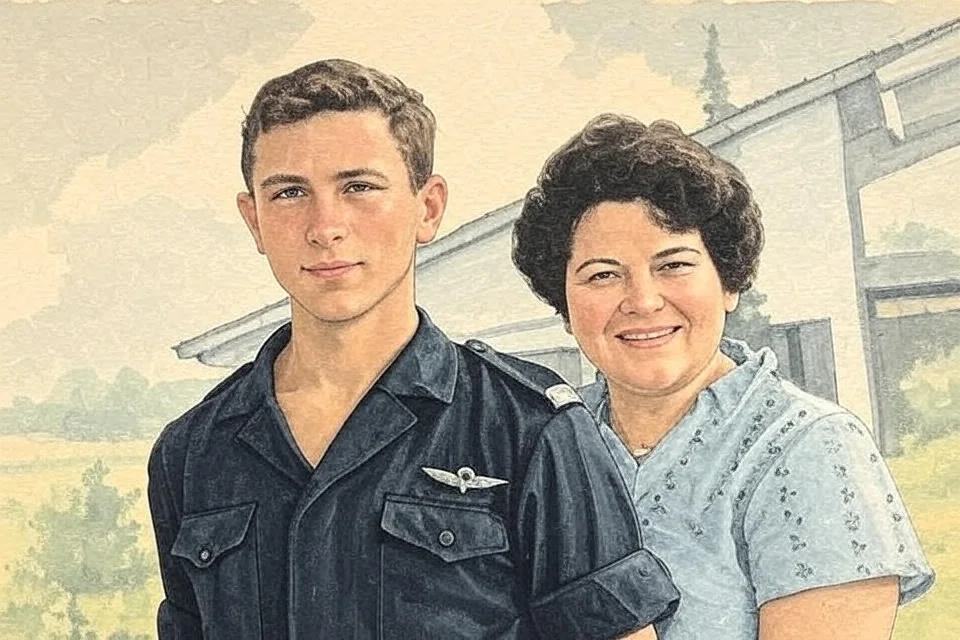 The image is a black-and-white photograph featuring two individuals. On the left is a young man, possibly in his late teens or early twenties, wearing a military-style uniform. The uniform is dark, with a button-up front and a patch or insignia on the left side of his chest, which appears to be an emblem, possibly indicating his rank or role. He has short, light-colored hair and is looking directly at the camera with a neutral expression.

To the right of the young man is a woman, who appears to be in her forties or fifties. She has dark, curly hair and is smiling warmly at the camera. She is wearing a light-colored blouse with a floral pattern. The woman is standing slightly behind the young man, with her arms around him, suggesting a close relationship.

The background of the image is somewhat blurred but indicates an outdoor setting, possibly a porch or a patio, with light-colored structures visible, suggesting a residential area. The lighting appears bright, indicating that the photo was taken during the day.

No readable text, logos, or trademarks are present in the image. The overall composition captures a moment of connection between the two individuals, with a focus on their expressions and attire.