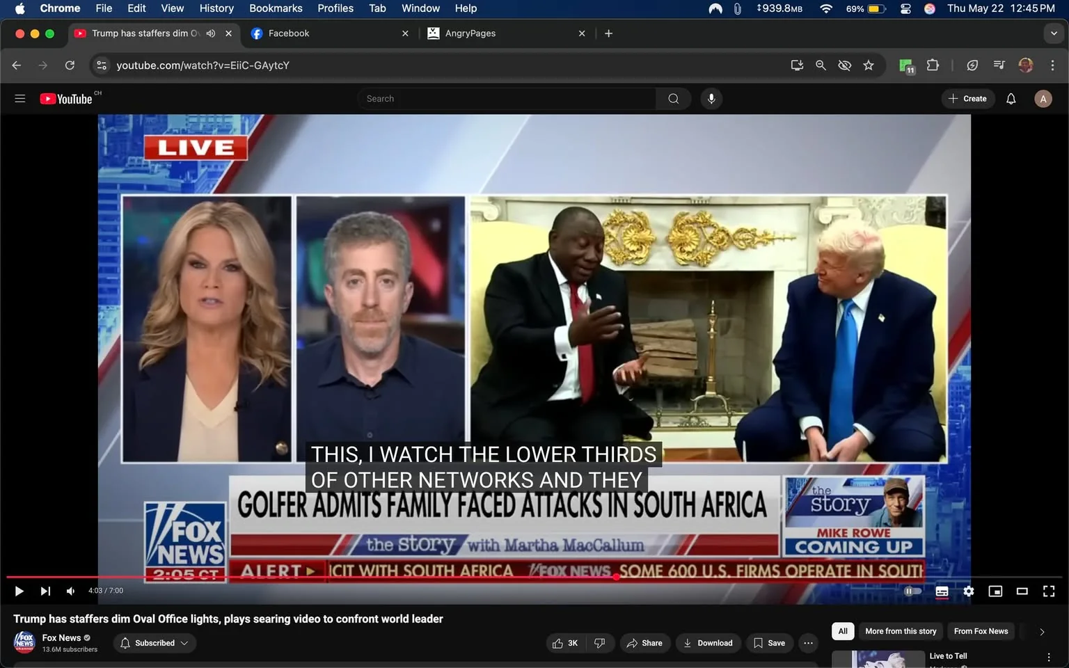 The image is a screenshot from a news broadcast, likely from Fox News, as indicated by the logo in the bottom left corner. The screen is divided into three sections. 

1. **Left Section**: 
   - Features a woman with long, wavy blonde hair, wearing a dark blazer over a light-colored top. She appears to be speaking or presenting, with a serious expression. The text overlay reads "the story with Martha MacCallum," indicating her name and the program title.
   - Below her, there is a banner that reads "ALERT" in red, with additional text stating "GOLFER ADMITS FAMILY FACED ATTACKS IN SOUTH AFRICA."

2. **Middle Section**: 
   - Shows a man with short, curly hair and a beard, wearing a dark shirt. He has a neutral expression and appears to be listening or responding to the woman on the left. 

3. **Right Section**: 
   - Displays two men seated in a formal setting. One man, wearing a black suit with a white shirt and a red tie, is gesturing with his hands, indicating he is speaking. The other man, dressed in a blue suit with a white shirt, is looking at him with a slight smile. The background features a decorative fireplace with gold accents and logs, suggesting a formal or official environment, possibly an office or meeting room.

The overall setting appears to be a news segment discussing international relations, with a focus on South Africa, as indicated by the text and the presence of the two men in suits. The broadcast is labeled "LIVE," suggesting it is currently airing. The time displayed in the bottom left corner reads "2:05 CT," indicating the time of the broadcast. The video player interface is visible at the bottom, showing options to share, save, and other typical video controls.