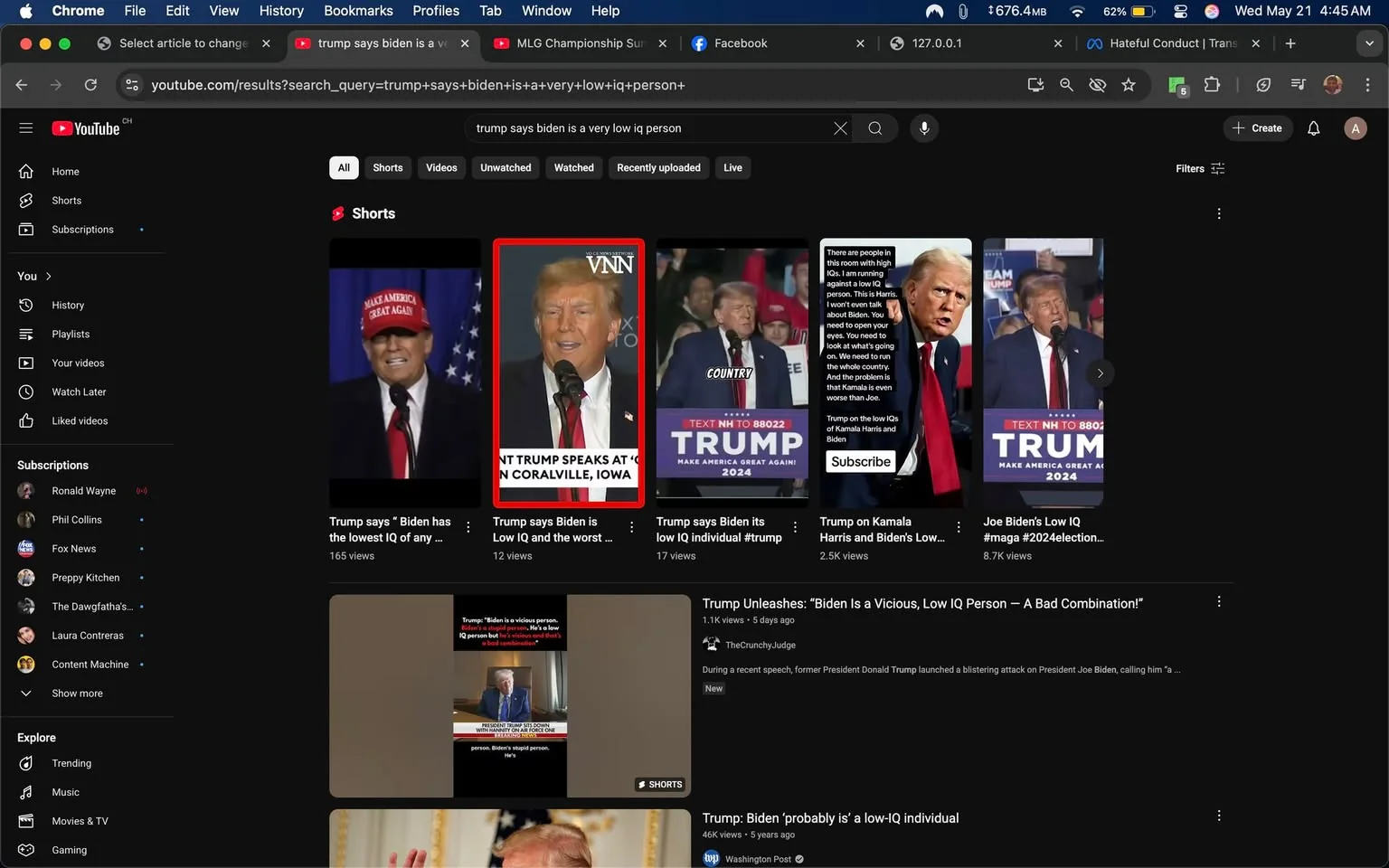 The image displays a YouTube interface featuring various video thumbnails related to Donald Trump and Joe Biden. The background is dark, typical of the YouTube dark mode setting. 

1. **Text and Headlines**:
   - The prominent video thumbnail in the center features the text "TRUMP SPEAKS AT 'GREAT AMERICA' IN CORALVILLE, IOWA" at the top. 
   - Below this, there is additional text stating "Trump says Biden is Low IQ and the worst...".
   - Other thumbnails include phrases like "Trump on Kamala Harris and Biden's Low..." and "Joe Biden's Low IQ #maga #2024election...".
   - The bottom left thumbnail has text that reads "Trump: Biden 'probably is' a low-IQ individual".

2. **Visible Brands and Logos**:
   - The YouTube logo is visible in the top left corner.
   - The thumbnails do not prominently display any specific brands or logos apart from the YouTube interface.

3. **People's Appearance**:
   - The central thumbnail features a man with light skin, short, light-colored hair, and is wearing a suit and a red tie. He appears to be speaking, possibly at a podium.
   - Another thumbnail shows a man in a red "Make America Great Again" cap, also with light skin and short hair, looking towards the camera.

4. **Clothing**:
   - The man in the central thumbnail is dressed in a formal suit, while the man in the red cap is dressed casually, indicating a political rally or event.

5. **Setting and Background**:
   - The background of the central thumbnail appears to be a stage with an American flag, suggesting a political event or rally.
   - The thumbnails are arranged in a grid format, typical of YouTube's video display layout.

6. **Environmental Context**:
   - The overall context suggests a focus on political commentary or speeches, particularly related to Donald Trump and Joe Biden, likely during a campaign or political event.

The image is primarily a digital representation of video content on YouTube, showcasing political themes and figures.