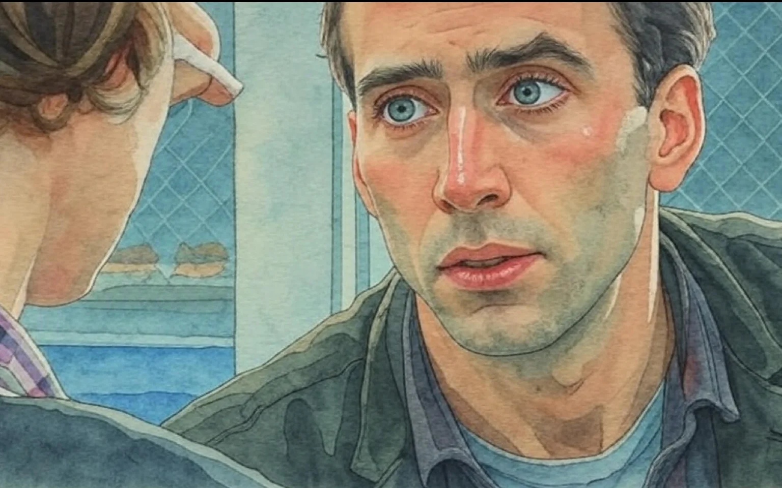 The image depicts a close-up scene featuring two individuals in a dialogue. 

### Individuals:
1. **Person on the Right**:
   - **Facial Features**: The man has a distressed expression, with visible signs of injury. He has a cut on his lower lip, and there is bruising around his left eye and forehead, indicating he has recently been in a physical altercation.
   - **Eyes**: His eyes are a striking light blue, appearing wide and expressive, suggesting concern or intensity.
   - **Hair**: He has short, dark hair that is slightly tousled.
   - **Clothing**: He is wearing a dark, possibly black, jacket over a dark shirt. The collar of the shirt is partially visible.
   
2. **Person on the Left**:
   - **Appearance**: The individual on the left is partially visible, with their back facing the camera. They have short, light brown hair.
   - **Clothing**: They are wearing a plaid shirt with shades of purple and white, which is clearly visible. The shirt appears to be buttoned up.
   - **Action**: This person is holding a pair of glasses in their right hand, which is raised towards the man on the right, suggesting they may be offering or adjusting the glasses.

### Setting:
- **Background**: The background is somewhat blurred but shows a chain-link fence, indicating an enclosed space, possibly a facility or a room with restricted access. The colors in the background are muted, with hints of blue and gray.
- **Lighting**: The lighting appears to be bright, illuminating the faces of both individuals, which enhances the visibility of their expressions and injuries.

### Additional Observations:
- There are no visible text, signs, or logos in the image. The focus remains primarily on the two individuals and their interaction.
- The overall atmosphere of the scene suggests a moment of tension or urgency, given the visible injuries and the expressions on their faces.

This detailed description captures the observable elements in the image without inferring emotions or relationships.