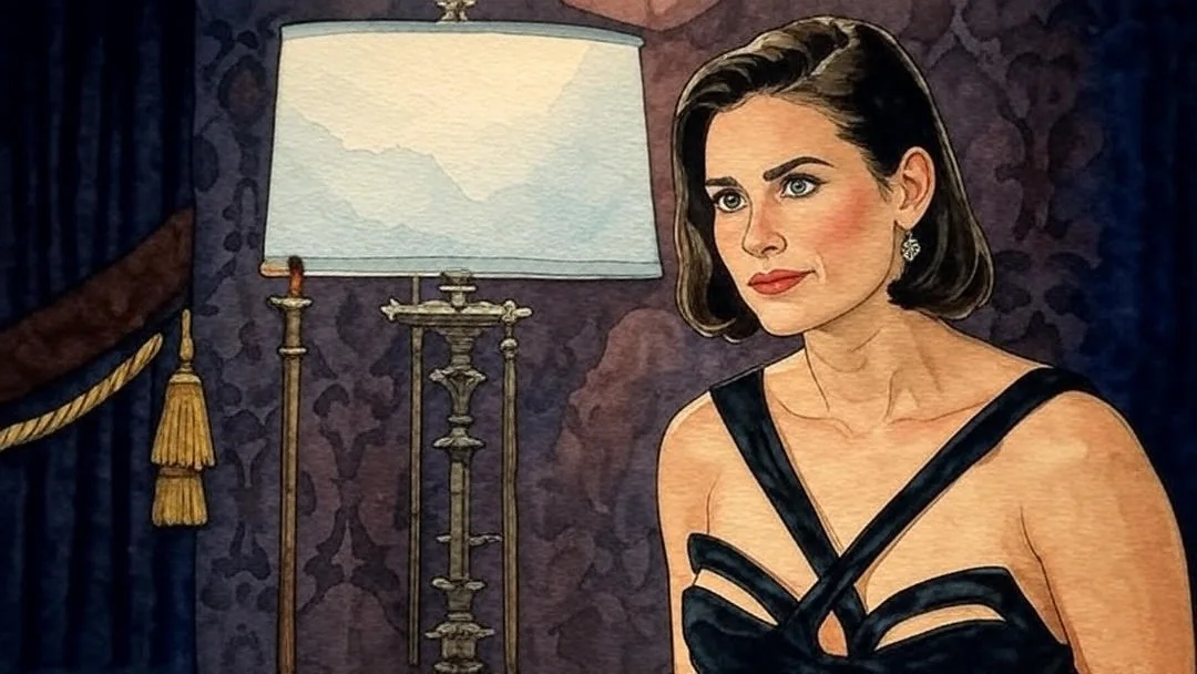The image features a woman with short, dark hair styled in a sleek bob. She is wearing a black dress that has distinctive cutouts, creating a bold and elegant look. The dress features wide straps that form a unique design across her chest, highlighting her collarbone and shoulders. Her makeup is subtle, with a focus on her lips, which are painted a soft shade, and her skin appears smooth and well-groomed.

In the background, there is a lamp with a white shade, casting a soft light that adds to the ambiance of the scene. The lamp's base is ornate, suggesting a vintage or classic style. The wall behind her is dark, possibly a deep purple or burgundy, which contrasts with her outfit and the lamp's light.

The woman is positioned slightly to the left of the frame, looking directly at the viewer with a composed expression. Her facial expression is neutral, with a hint of curiosity or contemplation. The setting appears to be indoors, likely in a sophisticated or upscale environment, given the decor and her attire.

There are no visible text, logos, or trademarks in the image. The overall composition suggests a moment of pause or reflection, but no specific actions or interactions are taking place. The focus remains on the woman and her striking appearance against the elegant backdrop.