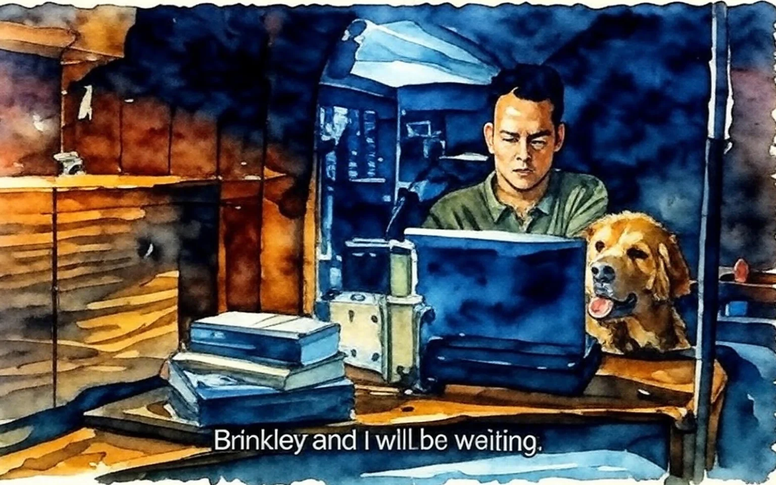 The image depicts a scene inside a boat or a cabin, illuminated by a warm light source. A man is seated at a desk, focused on a laptop computer in front of him. He has short, dark hair and is wearing a light-colored, collared shirt. His expression appears serious or contemplative as he engages with the screen.

Next to him, a golden retriever dog is sitting, looking towards the camera with its tongue out, suggesting a friendly demeanor. The dog has a shiny coat and appears to be well-groomed. 

On the desk, there are several books stacked haphazardly, with visible titles partially obscured. The top book has a dark cover, while the one beneath it has a green spine. There is also a small electronic device, possibly a radio or communication device, positioned next to the laptop. The desk itself is made of polished wood, contributing to the warm ambiance of the space.

The background features wooden paneling and various electronic equipment, including what appears to be a control panel with buttons and knobs. A small lamp is positioned on the desk, providing additional light. The overall setting conveys a cozy, intimate atmosphere, typical of a small cabin or boat interior.

The visible text on the screen of the laptop reads: "Brinkley and I will be waiting." This suggests a message or communication being typed or read by the man. The lighting in the scene is dim, with the primary illumination coming from the laptop screen and the desk lamp, creating a contrast with the darker wood tones of the surroundings.
