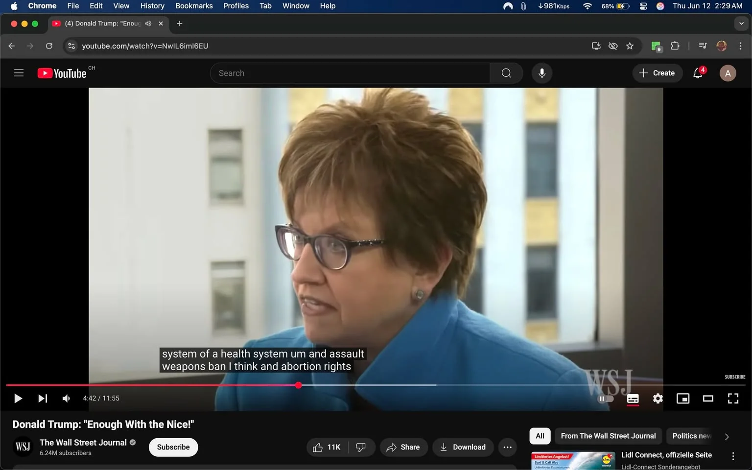The image features a woman engaged in a discussion, likely in an interview setting. She has short, light brown hair styled in a slightly tousled manner, with some volume at the top. She is wearing glasses with a thin, dark frame. Her clothing consists of a bright blue blazer, which contrasts with the background. 

The woman appears to be speaking passionately, with her mouth open and a focused expression on her face. Her eyebrows are slightly raised, indicating engagement in the conversation. The background shows a blurred view of a building with large windows, suggesting an urban environment. The lighting is bright, likely from natural light coming through the windows.

Text on the screen includes subtitles that read: "system of a health system um and assault weapons ban I think and abortion rights," indicating the topic of discussion. The video player interface at the bottom shows the title "Donald Trump: 'Enough with the Nice!'" along with the channel name "The Wall Street Journal" and a subscriber count of 6.24 million. 

The video is currently at 4 minutes and 42 seconds, with a total length of 11 minutes and 55 seconds. The play button, volume control, and other standard video controls are visible. The overall setting appears to be a professional interview or discussion format, likely related to political or social issues.