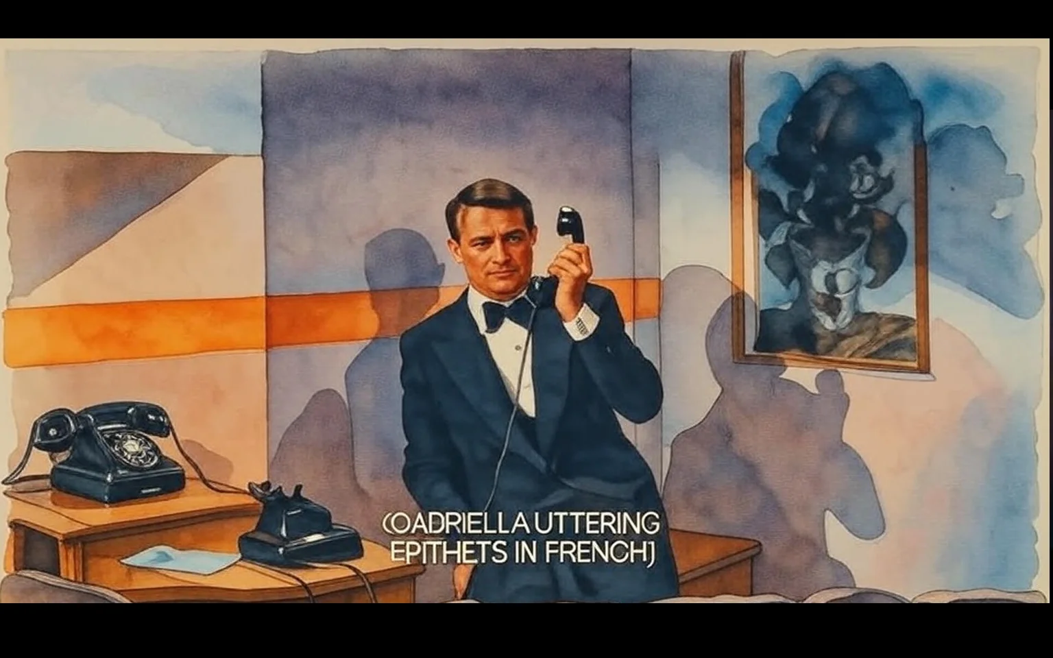 The image depicts a man seated at a wooden table in a room with a minimalist design. He is dressed in a black tuxedo with a white dress shirt and a black bow tie. His hair is neatly styled, and he has a serious expression on his face as he holds a black telephone receiver to his ear with his right hand. The background features a wall painted in light colors, with a horizontal orange stripe running across it. 

To the right of the man, there is a framed painting that appears to depict a still life with a vase and flowers, rendered in abstract style. The colors in the painting are muted, with shades of green, brown, and gray. The lighting in the room is soft, creating a calm atmosphere.

On the table, there is a black rotary telephone and a blue piece of paper, which is partially visible. The man's shadow is cast on the wall behind him, adding depth to the scene. The subtitle at the bottom of the image reads, "(GABRIELLA UTTERING EPITHETS IN FRENCH)," indicating that there is dialogue occurring off-screen.

Overall, the setting appears to be an indoor space, possibly a hotel room or a private office, characterized by its simple yet elegant decor. The focus is on the man and his conversation, with no additional people or distractions visible in the frame.