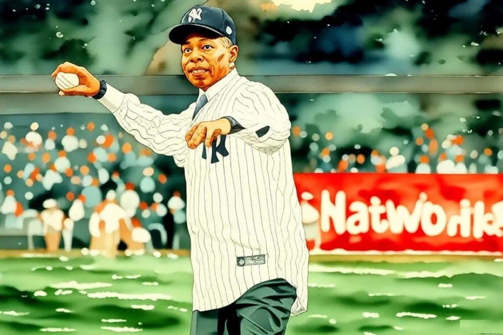 The image depicts a man standing on a baseball field, likely at a stadium. He is wearing a white pinstriped jersey with a prominent "NY" logo on the front, indicating he is associated with the New York Yankees. The jersey has long sleeves, and he appears to be in a relaxed posture, smiling as he prepares to throw a baseball. He is holding a baseball in his right hand, and his left hand is raised, possibly in a gesture of greeting or excitement.

The man is wearing a black cap with a white "NY" logo, matching the jersey. He has short hair and a slight smile on his face, suggesting a positive demeanor. He is also wearing a purple tie, which adds a formal touch to his otherwise sporty outfit.

In the background, the field is well-maintained, with green grass and a dirt infield. The stands are visible, but they appear to be empty or sparsely populated at the moment. There is a large advertisement or sign in the background, but the text is not clearly readable. The setting suggests that this is a special event, possibly a ceremonial first pitch or a promotional appearance.

Overall, the image captures a moment of anticipation and excitement, with the man poised to engage in a baseball-related activity in a professional sports environment.