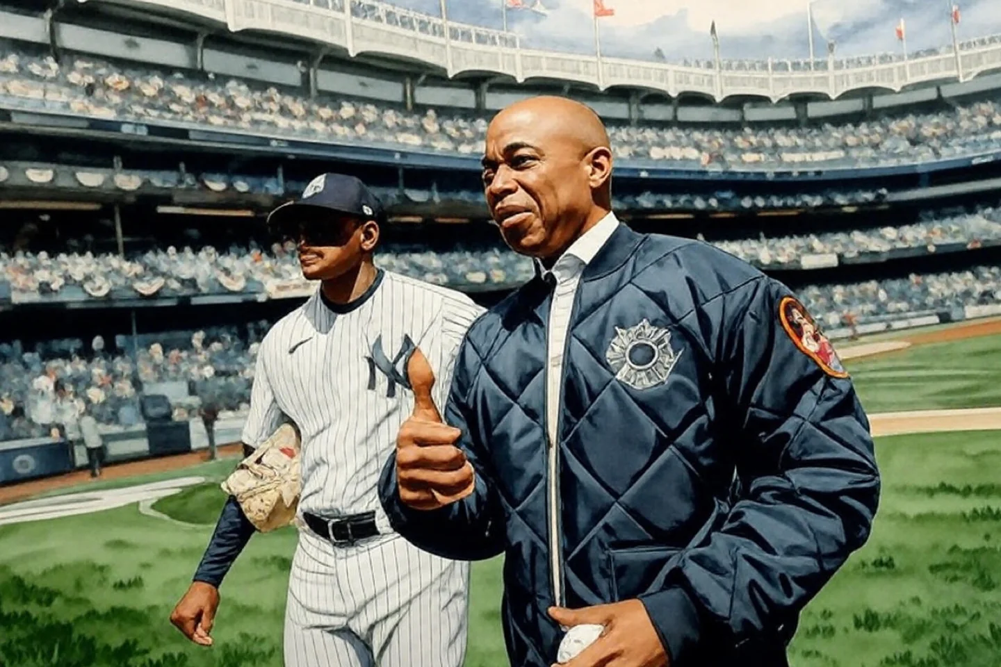 The image depicts two individuals on a baseball field, likely at Yankee Stadium, given the visible branding and setting. 

1. **People**:
   - **Individual on the Left**: This person is wearing a New York Yankees baseball uniform, which consists of a white jersey with black pinstripes and the iconic Yankees logo on the left side of the chest. They are also wearing a black cap with the Yankees logo. Their facial expression is neutral, and they appear to be focused on the event.
   - **Individual on the Right**: This person is dressed in a black quilted jacket with a white shirt underneath. The jacket features a logo on the left side, which appears to be a fire department emblem, possibly indicating they are affiliated with the New York Fire Department (FDNY). They are holding a baseball in their right hand and giving a thumbs-up gesture with their left hand. Their expression is friendly and engaging.

2. **Clothing Details**:
   - The Yankees uniform includes a belt that matches the color scheme of the jersey. The jacket on the second individual is shiny and has a distinctive quilted pattern, with a patch on the right sleeve that appears to represent the fire department.

3. **Setting**:
   - The background shows a baseball field with a well-maintained grassy area and a dirt infield. The stands are filled with spectators, although they are not clearly visible due to the angle. Banners and flags are displayed around the stadium, suggesting a festive atmosphere, likely for an opening day or special event.

4. **Environmental Context**:
   - The sky is partly cloudy, indicating a pleasant day for an outdoor event. The field is marked with white lines, typical for baseball, and the outfield is visible in the background.

5. **Logos and Branding**:
   - The New York Yankees logo is prominently displayed on the uniform and cap of the player on the left. The jacket worn by the individual on the right features the FDNY logo, indicating their affiliation.

Overall, the image captures a moment of camaraderie and celebration at a baseball event, with two individuals representing both sports and public service.