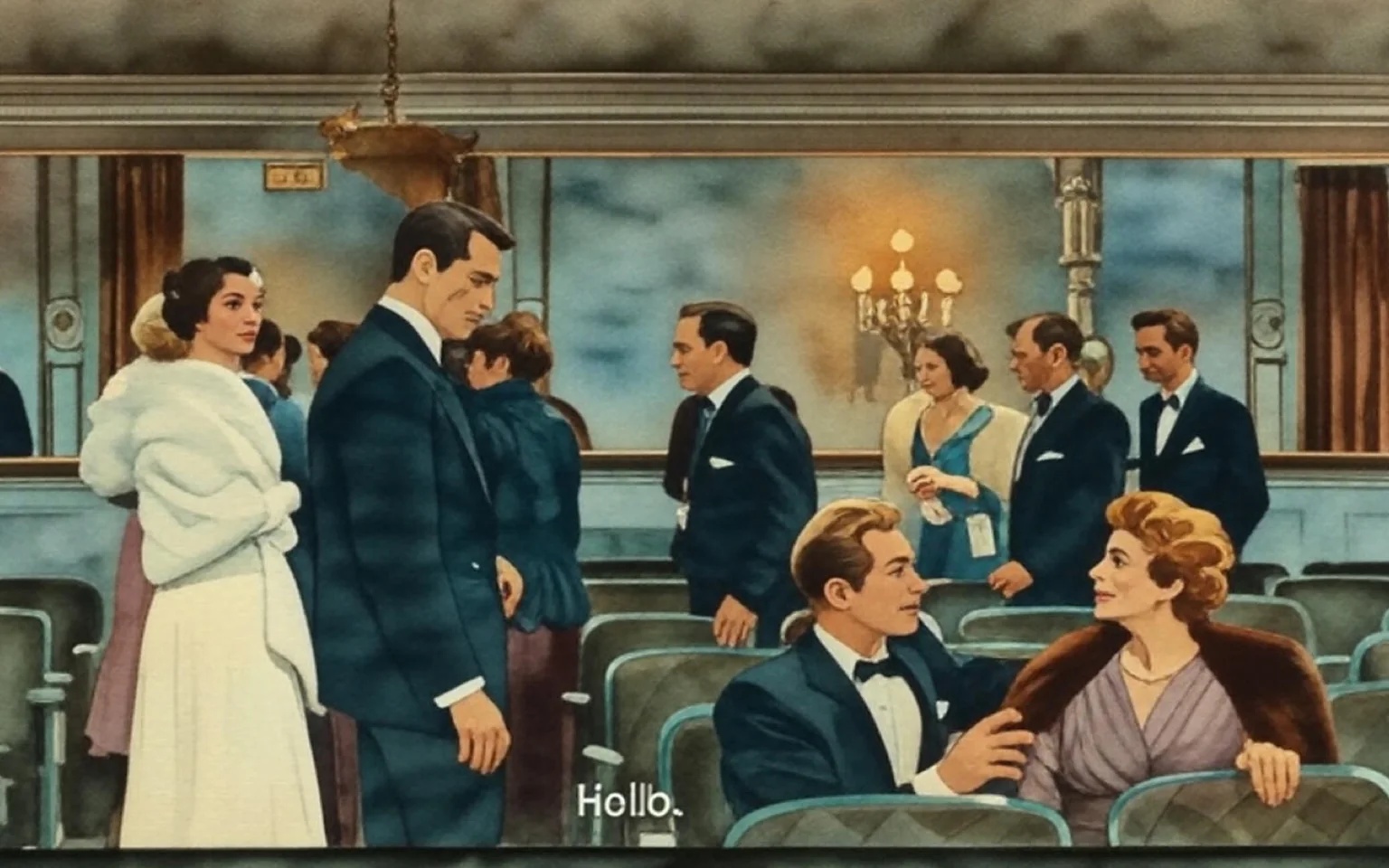 The image depicts a scene from a formal event, likely a theater or concert hall, characterized by an elegant and sophisticated atmosphere. 

**Setting and Background:**
- The background features a well-decorated interior with ornate details, including chandeliers and wall sconces that emit a warm light. 
- There are rows of theater seats visible, which are upholstered in a green fabric with a blue trim. 
- An exit sign is visible in the upper left corner, indicating the location of an exit.

**People:**
- **Left Side:**
  - A woman stands in a long, white gown with a fitted bodice and a flowing skirt. She is wearing a luxurious white fur stole draped over her shoulders. Her hair is styled in an elegant updo, and she has a subtle smile on her face.
  - A man in a black tuxedo stands beside her, facing slightly away. He has dark hair and is looking down, appearing to be engaged in conversation.

- **Center:**
  - A couple is seated in the foreground. The man has light brown hair and is wearing a black tuxedo with a white shirt and bow tie. He is leaning slightly towards the woman beside him, who has short, curly red hair and is wearing a mauve dress with a fur wrap. She is looking at him with a neutral expression and has her hand resting on his arm.

- **Background:**
  - Several other individuals are visible, mingling in the background. They are dressed in formal attire, including tuxedos and evening gowns. A woman in a teal dress with a yellow fur stole is seen walking past, while another woman in a black dress is positioned further back.

**Text:**
- The only readable text in the image is the word "Hello," which appears in white font at the bottom center of the image.

Overall, the scene conveys a sense of elegance and social interaction, typical of a formal gathering in a theater setting. The individuals are dressed in attire suitable for a high-class event, and the decor enhances the sophisticated ambiance.