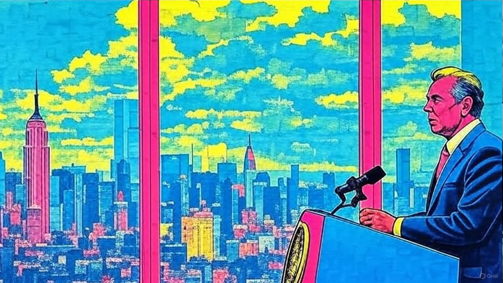 The image depicts a man standing at a podium with a microphone, facing a large window that offers a panoramic view of a city skyline. The man appears to be in a formal setting, likely a press conference or public address. He is dressed in a dark suit with a light-colored shirt and a tie, and he has dark hair styled back. His expression is serious, and he is looking slightly to the side, away from the camera.

The podium is adorned with a seal or emblem, which is not clearly visible in this image. The background features a vibrant cityscape, prominently displaying several skyscrapers, including the Empire State Building, which is recognizable by its distinctive Art Deco design and spire. Other tall buildings are visible, some with glass facades reflecting the sky. The sky is bright blue with scattered white clouds, indicating a clear day.

The setting appears to be a high-rise building, given the large windows that provide an expansive view of the city below. The interior is modern, with clean lines and minimalistic design elements. The lighting is bright, likely from natural light streaming in through the windows.

No text, logos, or additional identifiable features are present in the image aside from the podium's emblem. The overall atmosphere suggests a formal and significant event, possibly related to governance or public policy.