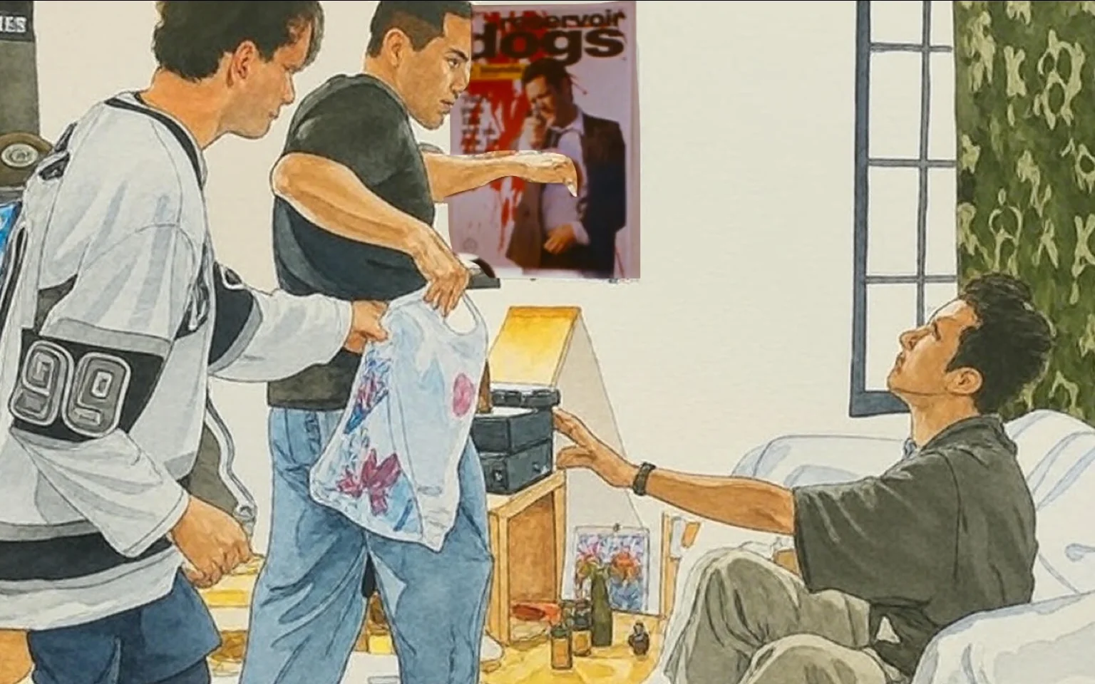 In the image, three men are engaged in a tense interaction within a cluttered room. The setting appears to be a small living space, characterized by a casual, somewhat chaotic atmosphere. The walls are adorned with posters, including one for "Reservoir Dogs," which features a character holding a gun, hinting at themes of crime or violence. 

To the left, a young man wears a white hockey jersey with the number "99" prominently displayed. His expression is one of concern or urgency, as he reaches toward the central figure. The central figure, a man in a black shirt, is holding a bag that appears to have red stains, suggesting it may contain something controversial or alarming. His body language is assertive, leaning slightly forward, indicating a confrontational stance. 

The third man, seated on a white couch, has a look of apprehension or disbelief. He raises one hand defensively, as if to ward off the situation or express reluctance to engage further. His posture is relaxed yet tense, suggesting a mix of resignation and concern. The room is dimly lit, with a lamp casting a warm glow, contrasting with the unsettling nature of the interaction.

Scattered around the room are empty beer bottles and other clutter, contributing to a sense of disarray. The overall mood is charged, with an undercurrent of anxiety and potential conflict. The positioning of the characters—two standing and one seated—creates a dynamic that suggests a power imbalance, with the standing figures dominating the space.

The presence of the "Reservoir Dogs" poster and the stained bag may evoke themes of crime, betrayal, or moral ambiguity, raising questions about the characters' relationships and the circumstances leading to this moment. The tone is serious, with an emphasis on the gravity of the situation, making it clear that something significant has transpired. 

This image captures a moment filled with tension, uncertainty, and the potential for conflict, reflecting deeper themes of loyalty, fear, and the consequences of one's actions.