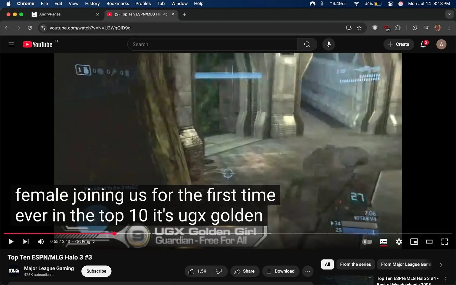 The image displays a scene from a YouTube video titled "Top Ten ESPN/MLG Halo 3 #3," hosted on the Major League Gaming (MLG) channel, which has 426K subscribers. The video features gameplay footage from the video game Halo 3. 

In the foreground, a player's HUD (Heads-Up Display) shows a score of 27, with a timer indicating 2:06 remaining. The player is identified as "WFFAEE V4." The background features a stone structure with a greenish hue, suggesting a lush environment, likely part of the game's map called "Guardian." 

Text overlays indicate a significant moment: "female joining us for the first time ever in the top 10 it's ugx golden." This suggests that a female player, referred to as "UGX Golden Girl," is being highlighted for her achievement. The tone is celebratory, emphasizing a milestone in competitive gaming. The overall mood conveys excitement and recognition within the gaming community.