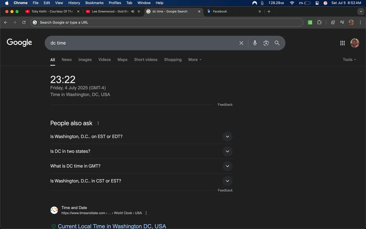 The image displays a Google search results page showing the current time in Washington, D.C. It reads "23:22" on Friday, July 4, 2025, with a note indicating the time zone as GMT-4. Below the time, there are several questions listed under "People also ask," including inquiries about Washington, D.C.'s time zone and its geographical status. 

The layout features a dark theme typical of Google’s interface, with a search bar at the top and various links and suggestions below. The overall tone is informative, focusing on providing quick access to time-related queries. The focal point is the displayed time and date, which is central to the search results.