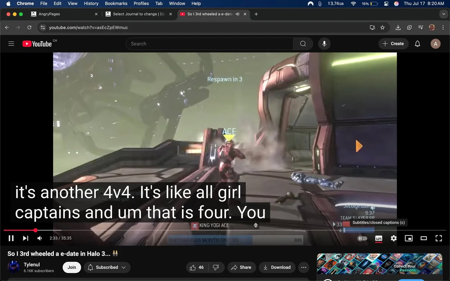 - subjects: video game characters, HUD elements, weapons  
- actions: character respawning, shooting, moving, displaying player names  
- context: YouTube interface, gameplay footage, "Respawn in 3" text, "KING YOGI ACE" label, gaming environment  
- risks: none apparent  
- mood: competitive, energetic, casual